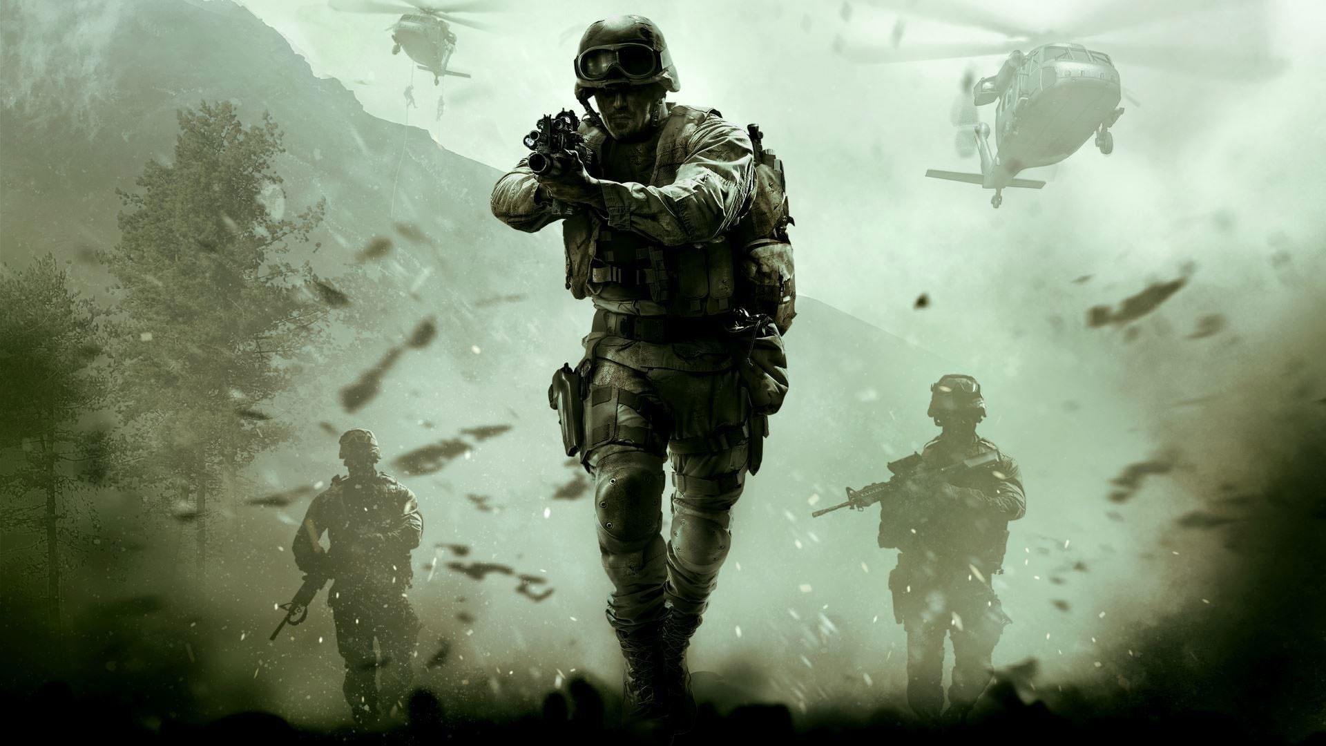 Call of Duty 4: Modern Warfare, UH-60 Black Hawk helicopter, Advancing military combat squad, Full HD Desktop wallpaper