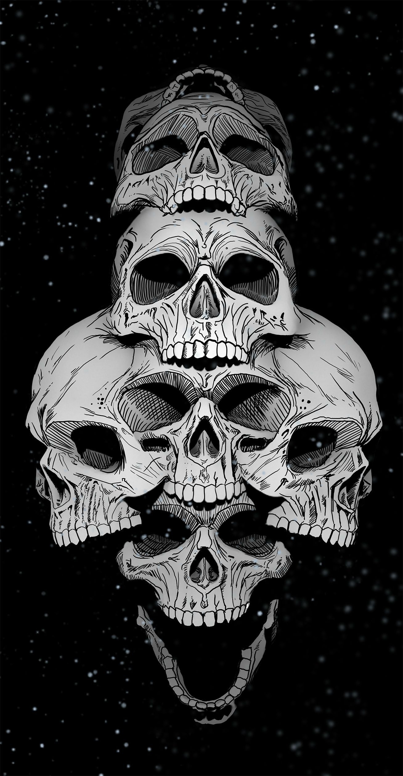 Stacked inked skulls, Starfield night sky, Crosshatched bone shading, HD Phone wallpaper