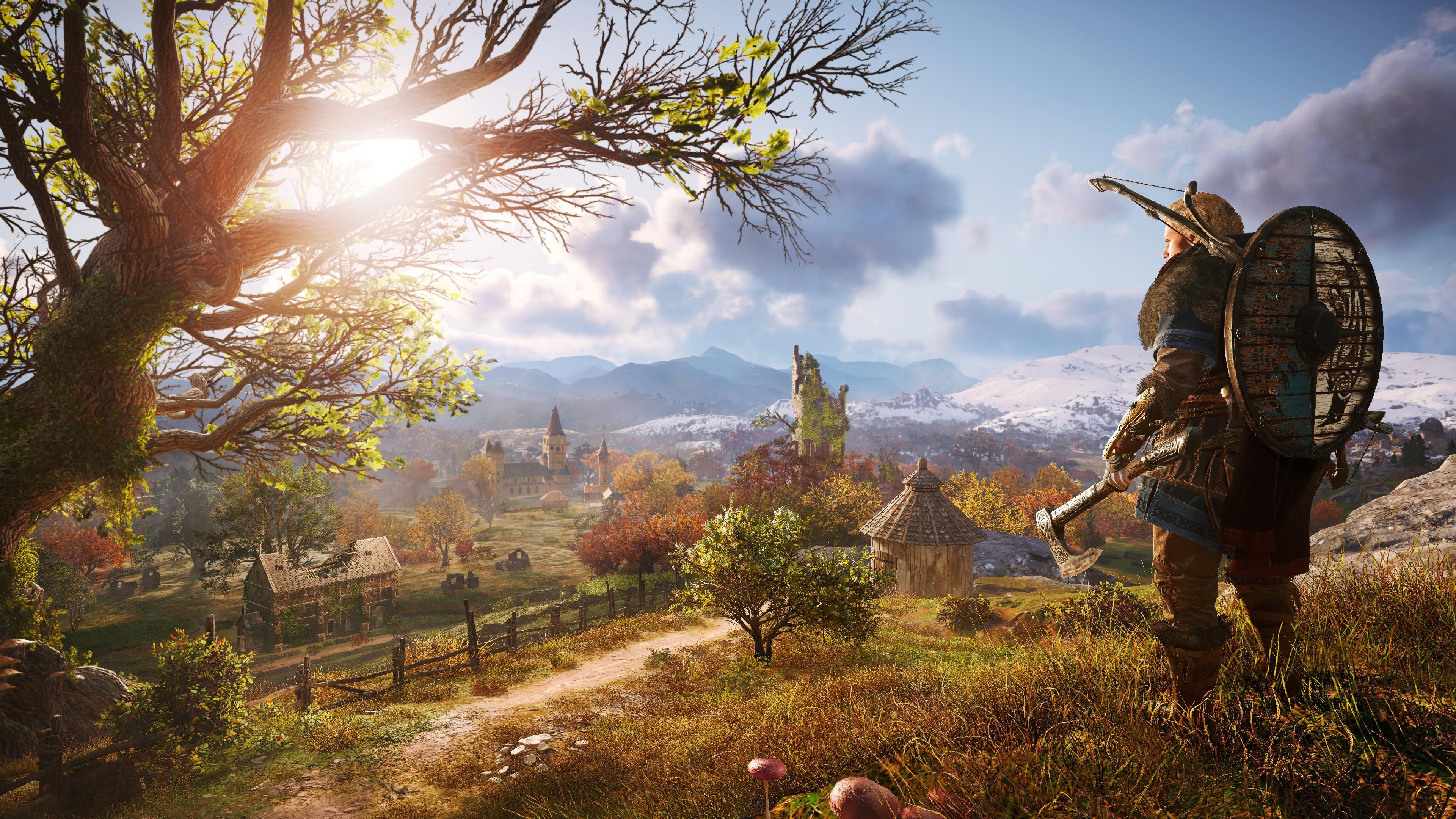 Eivor Varinsdottir, Assassin's Creed Valhalla countryside, Sunlit autumn landscape, 4K Desktop wallpaper