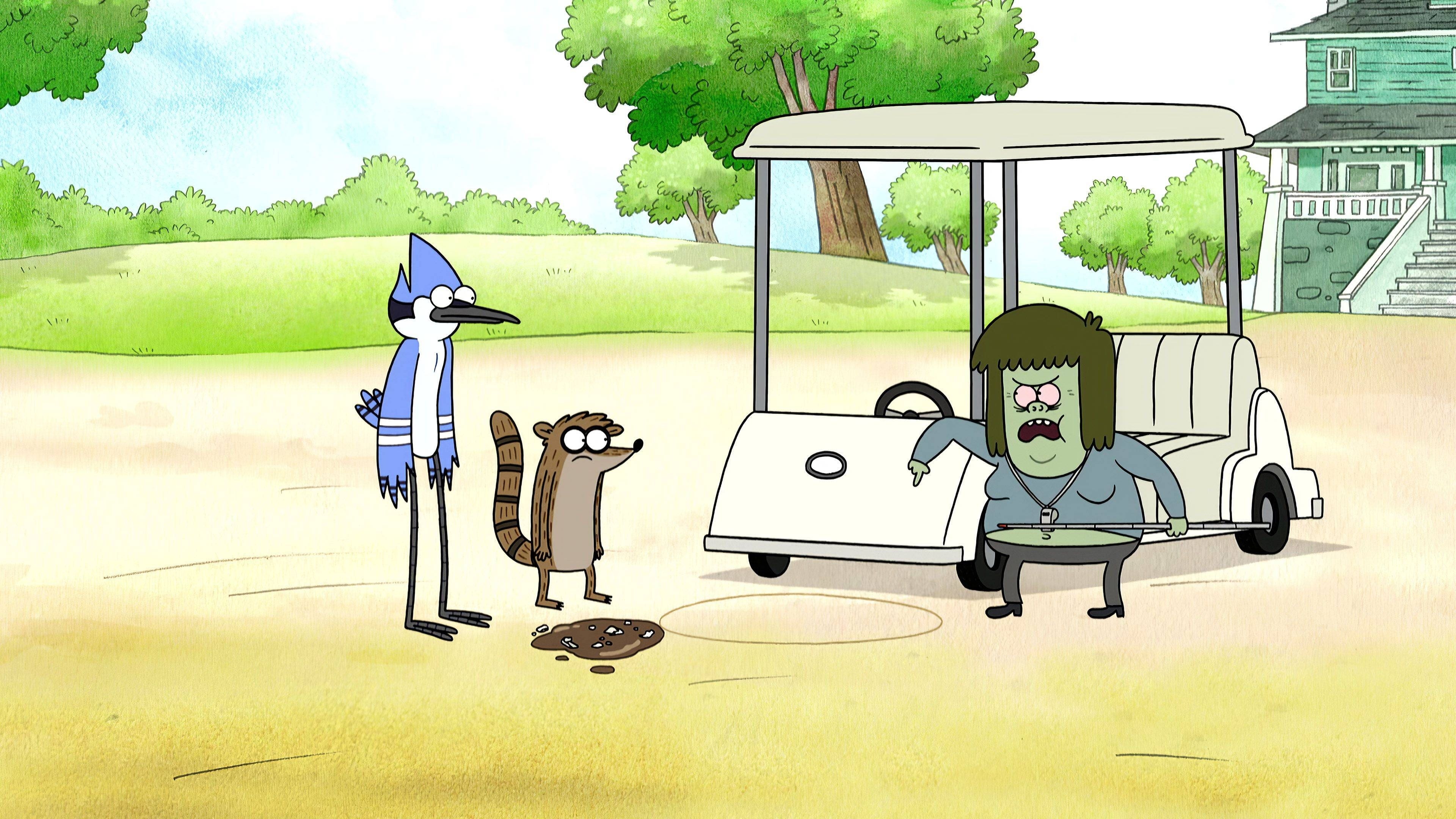 Mordecai blue jay, Rigby raccoon, Muscle Man beside golf cart, Regular Show, 4K Desktop wallpaper