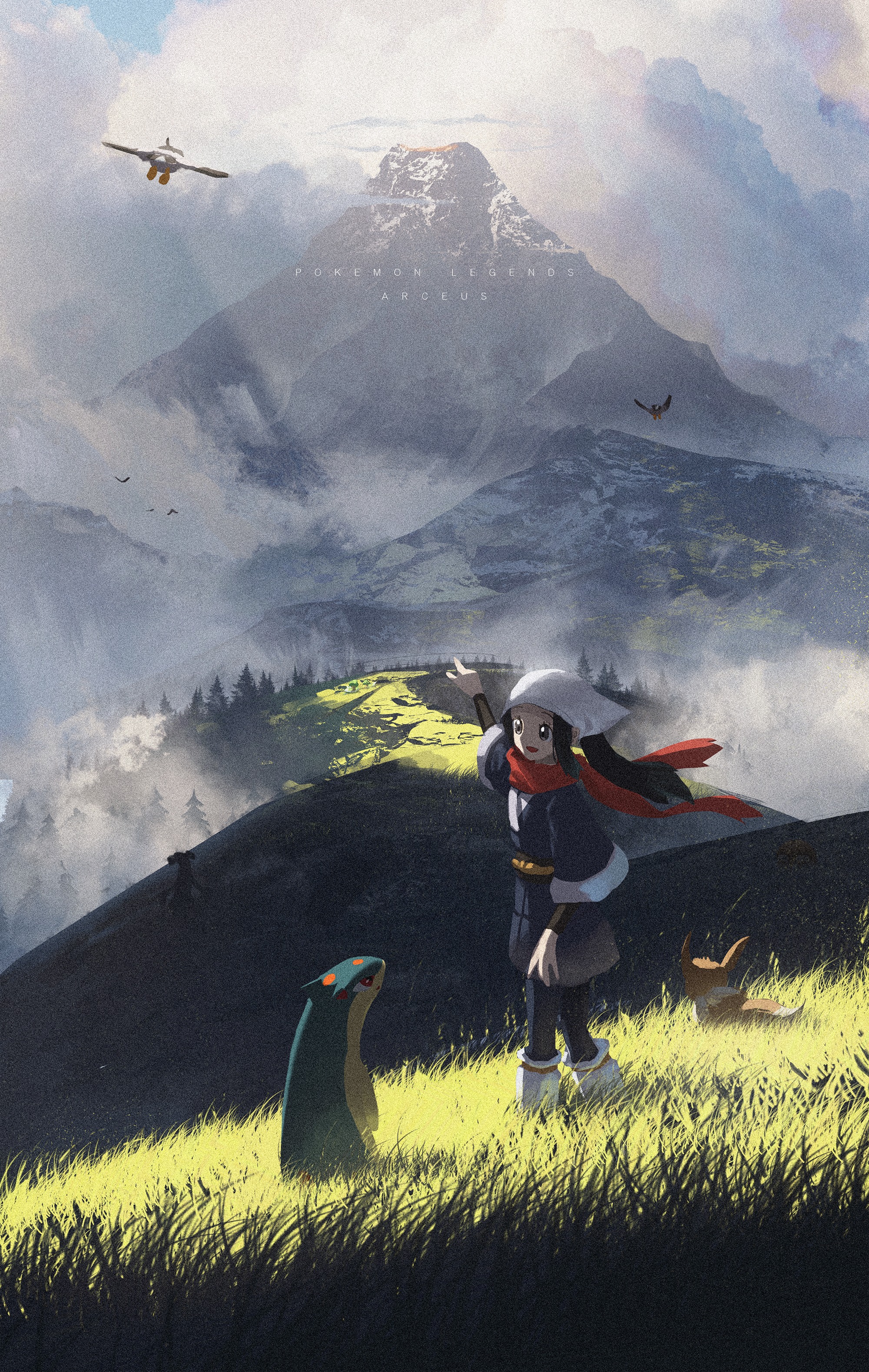 Akari, Cyndaquil, Eevee, Mount Coronet, Hisui, Pokemon Legends Arceus, HD Phone wallpaper