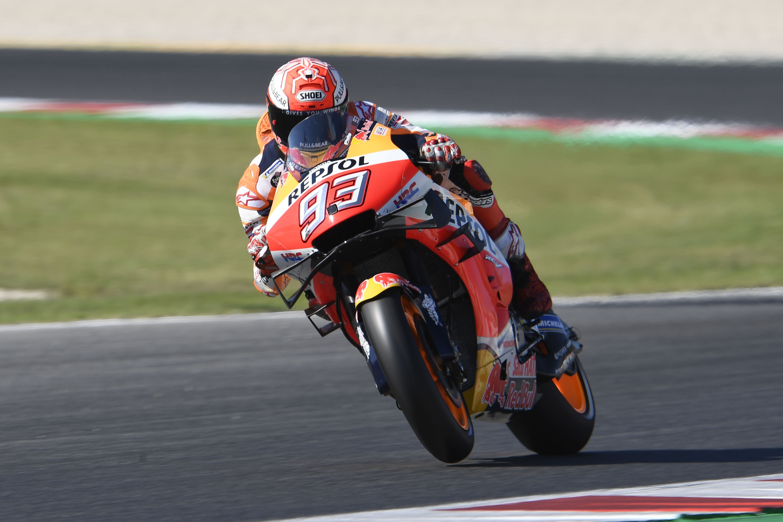 Marc Marquez number 93, Repsol Honda RC213V, MotoGP front wheel lifted, HD Desktop wallpaper