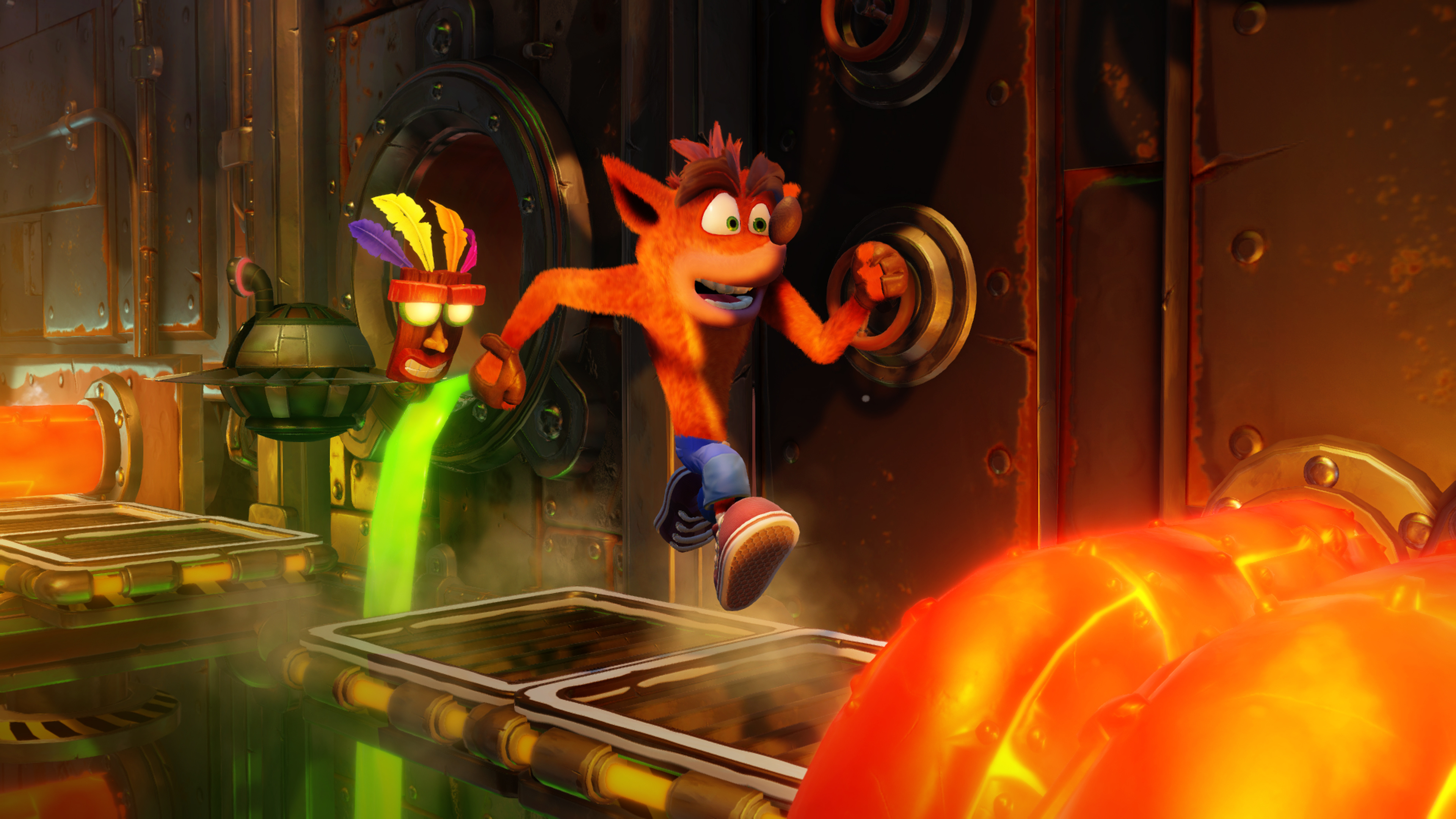 Crash Bandicoot running, Aku Aku mask, Toxic waste factory level, 4K Desktop wallpaper