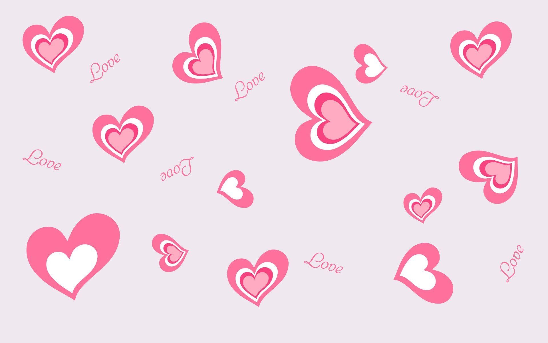 "Love" cursive text, layered pink hearts, concentric heart pattern, HD Desktop wallpaper