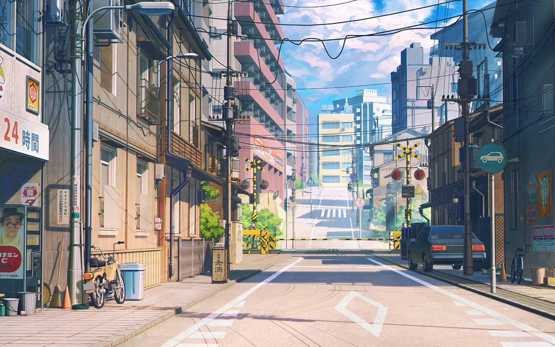 Japanese railroad level crossing, sloping anime city street, vintage parked underbone moped, HD Desktop wallpaper