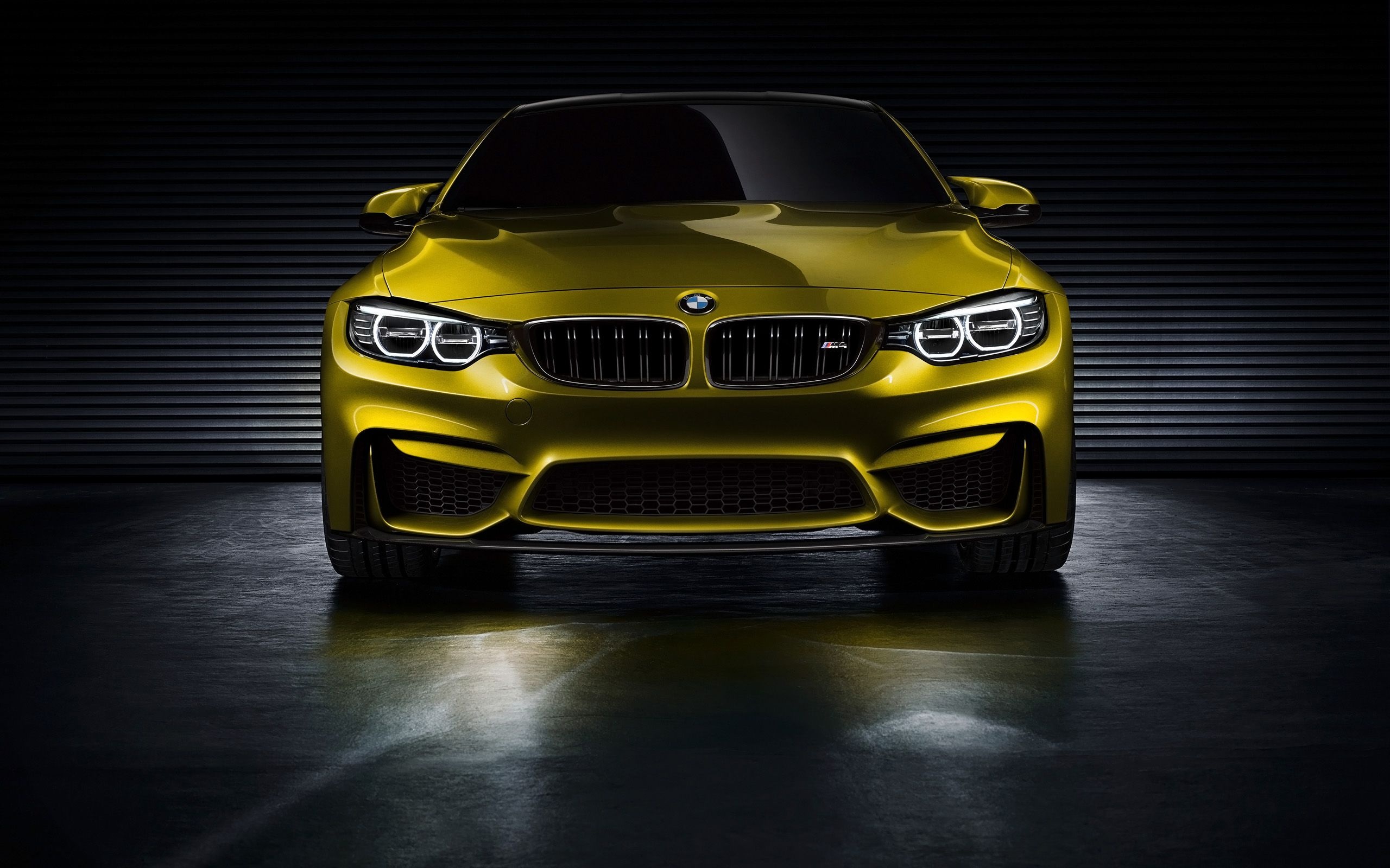 BMW M4 Coupe, Illuminated LED headlights, Reflective studio floor, HD Desktop wallpaper