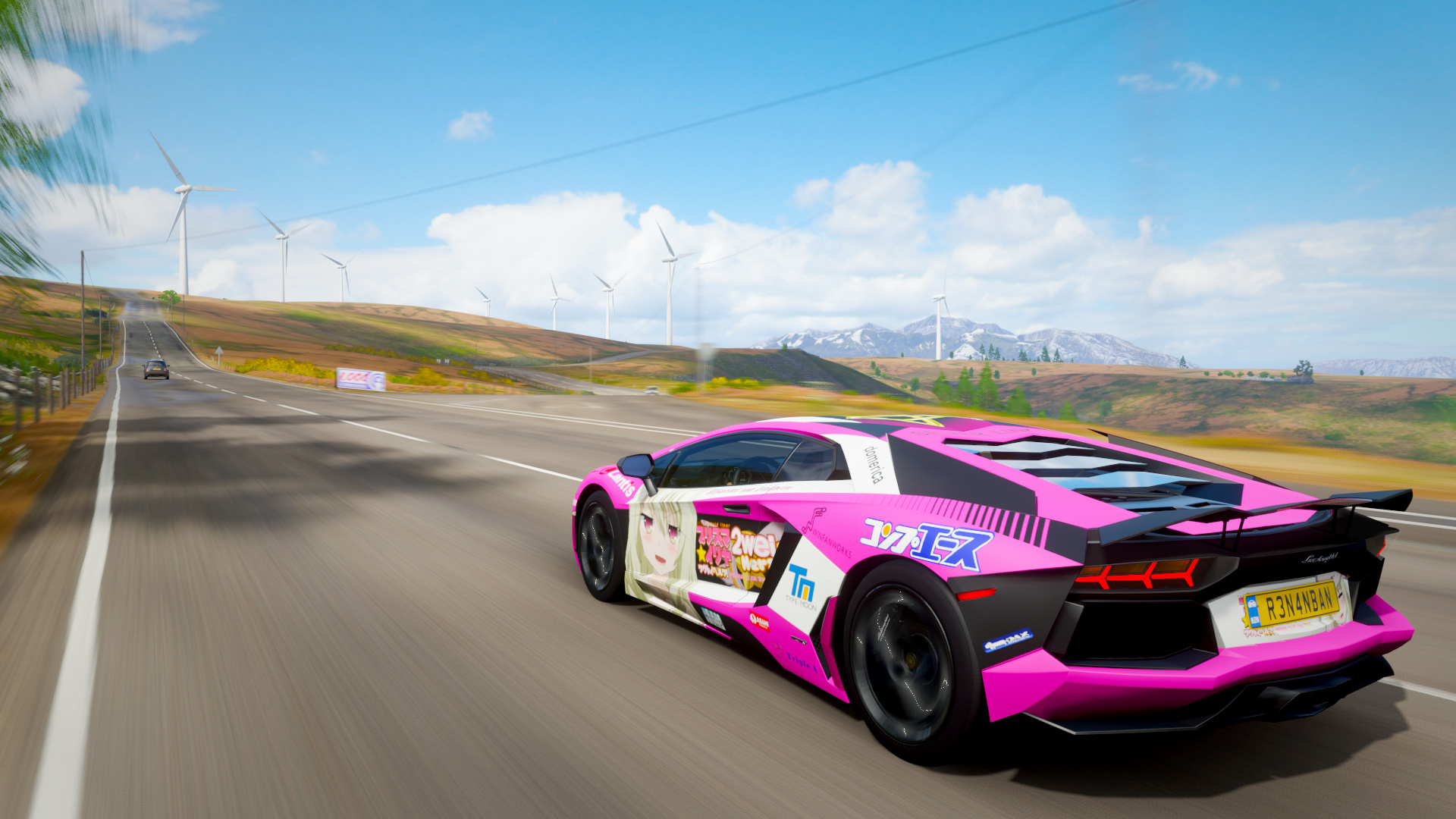 Lamborghini Aventador, pink anime itasha livery, wind turbine farm road, Full HD Desktop wallpaper
