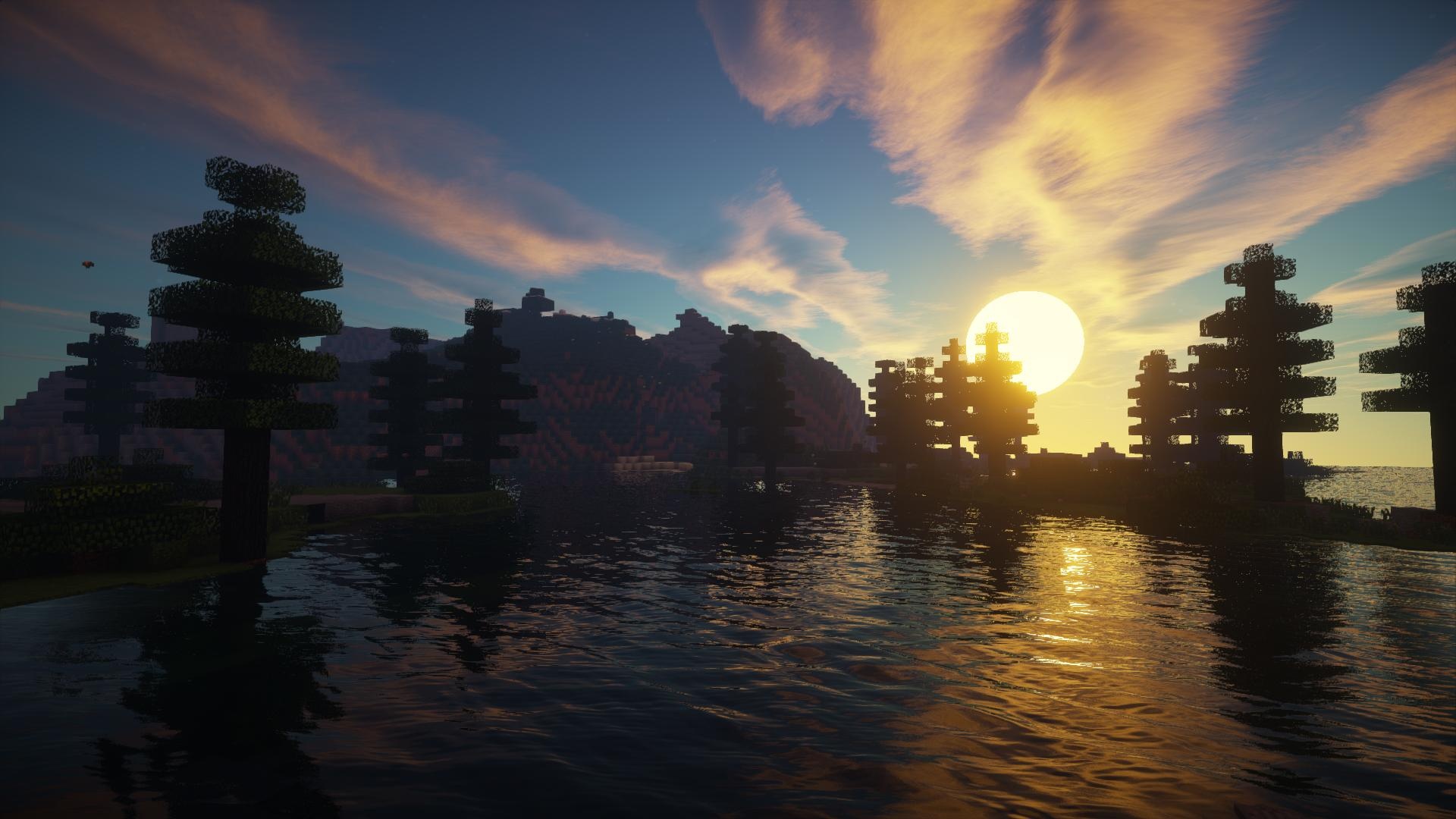 Minecraft spruce trees, realistic shader water reflections, golden hour sunset sky, Full HD Desktop wallpaper