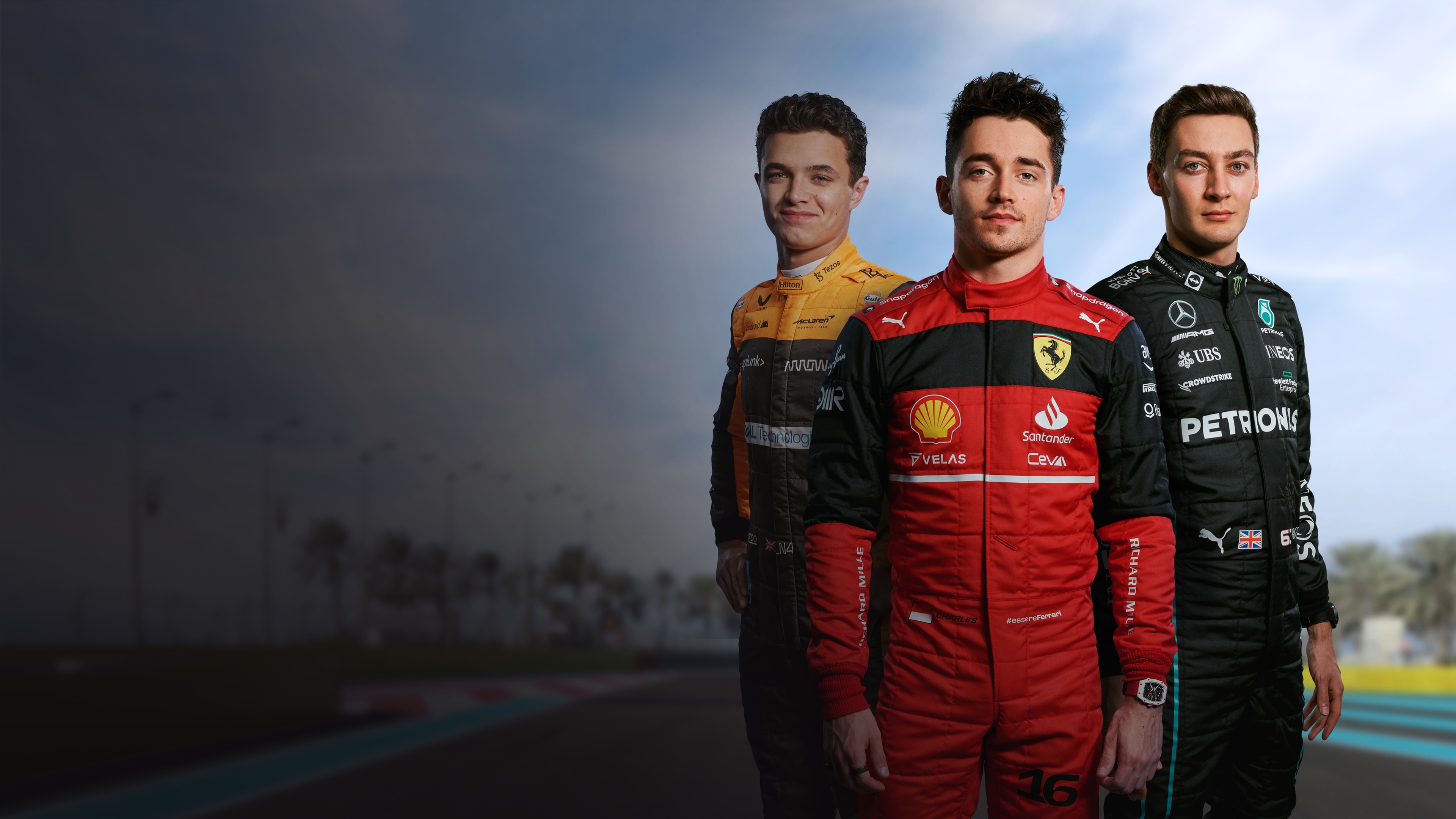 Charles Leclerc, Lando Norris, George Russell, Formula One racetrack, 4K Desktop wallpaper
