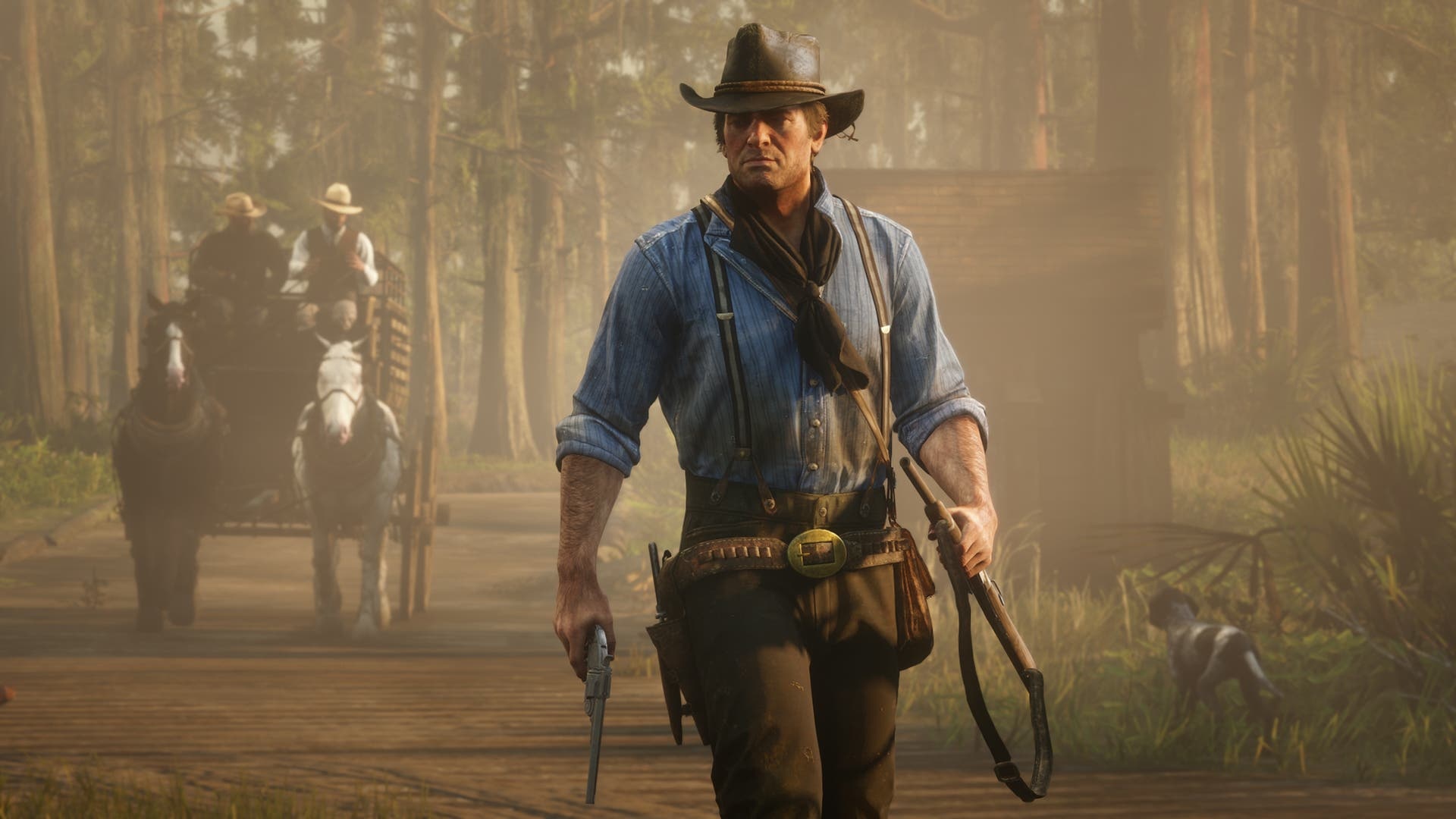 Arthur Morgan, Red Dead Redemption 2, horse-drawn wagon, Full HD Desktop wallpaper