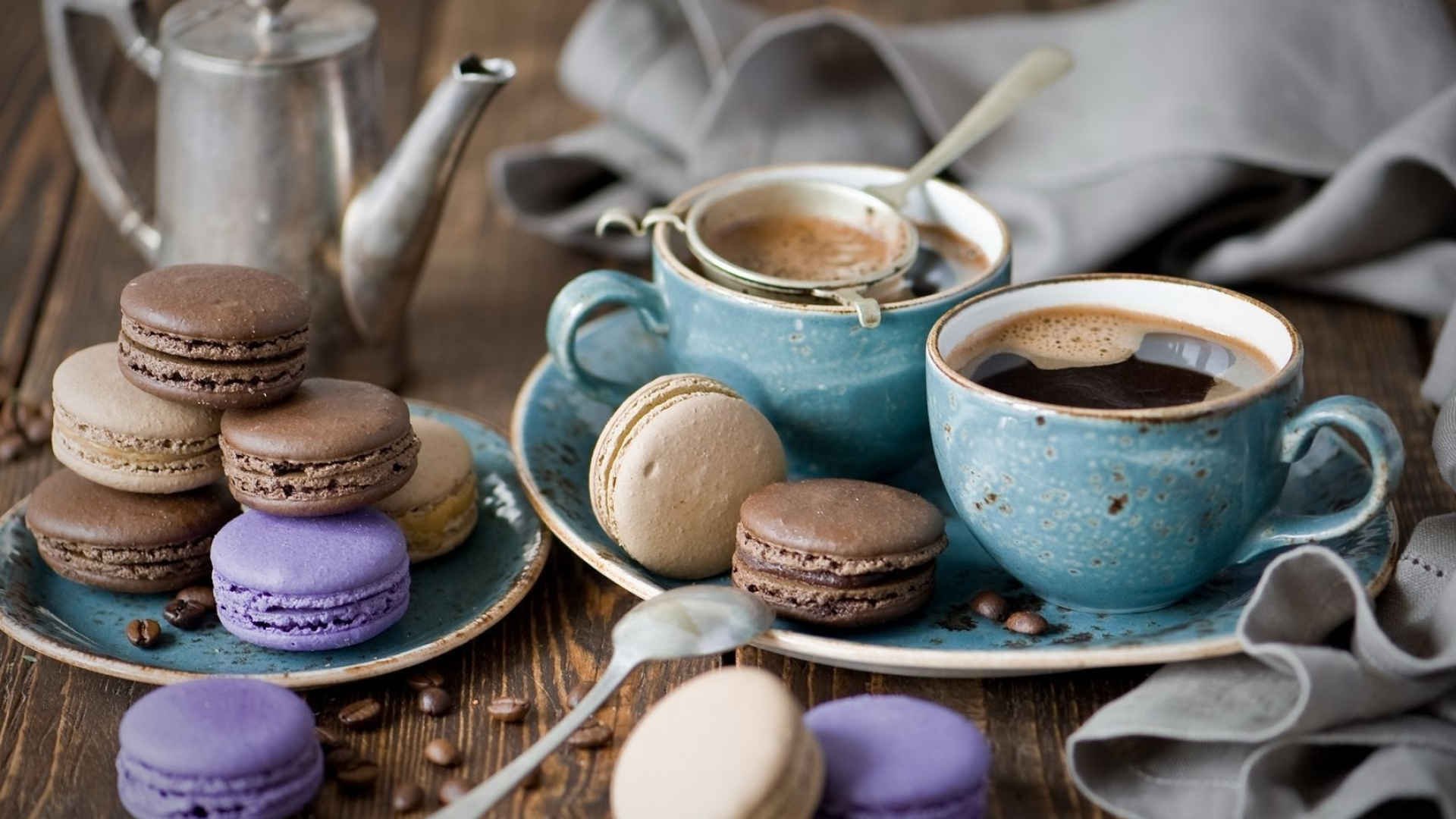Coffee and macarons photography wallpaper, Coffee lover's dream, Artistic dessert composition, Caffeine and sweetness, 1920x1080 Full HD Desktop