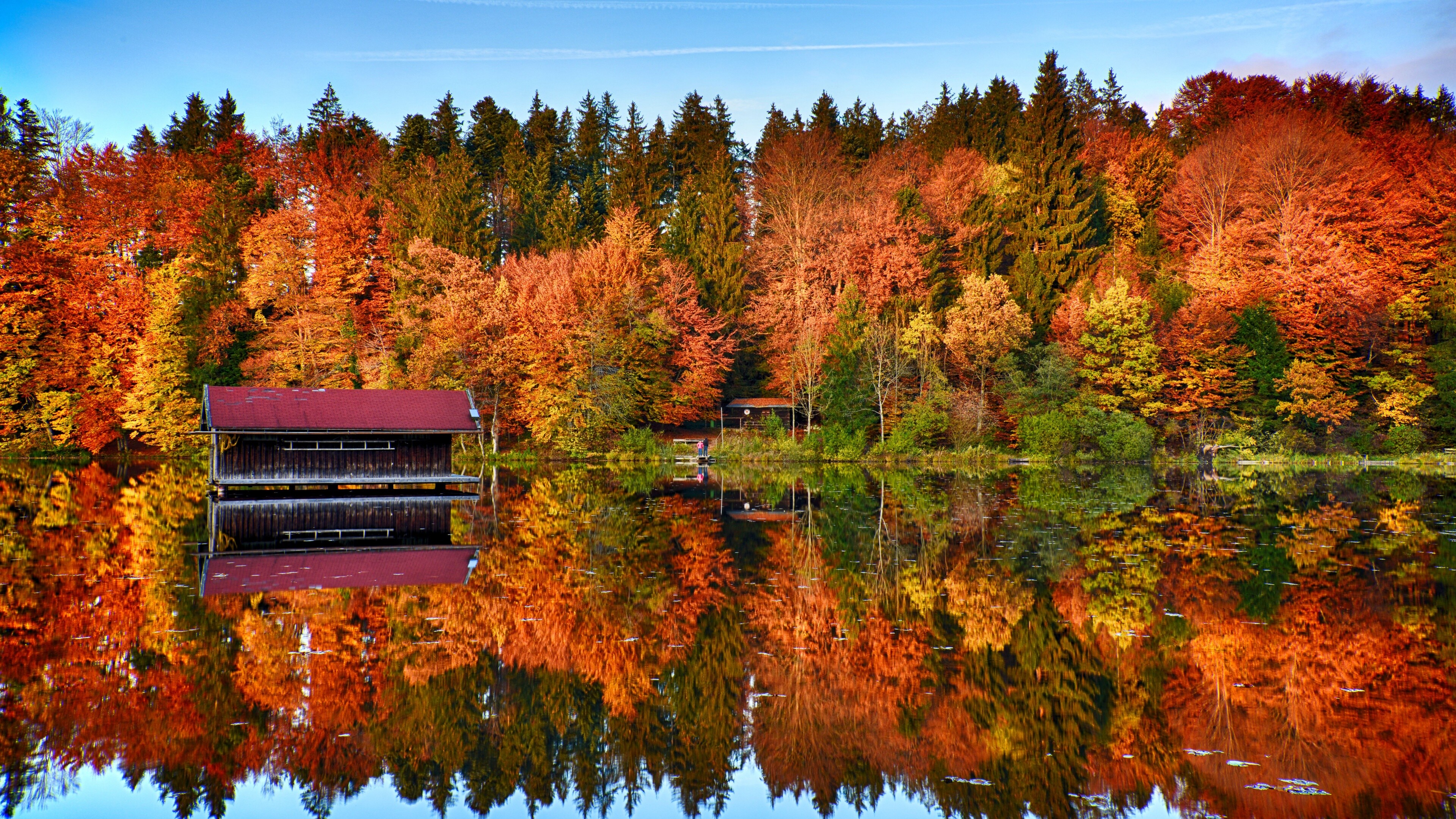 Autumn trees, Lake, House, 4K Desktop Wallpaper