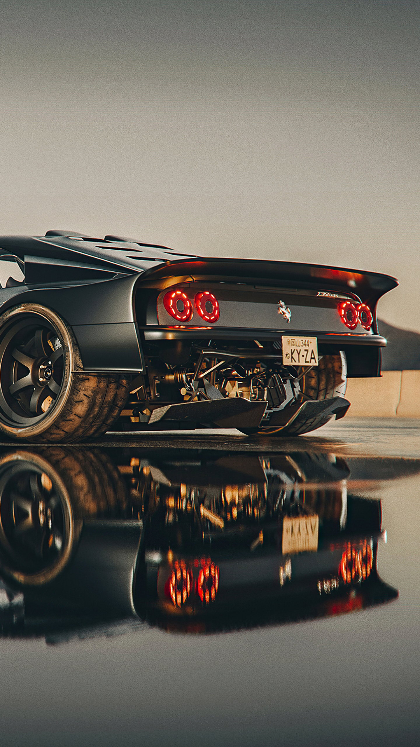 The Kyza Ferrari Testarossa, KY-ZA license plate, wet pavement reflection, HD Phone wallpaper
