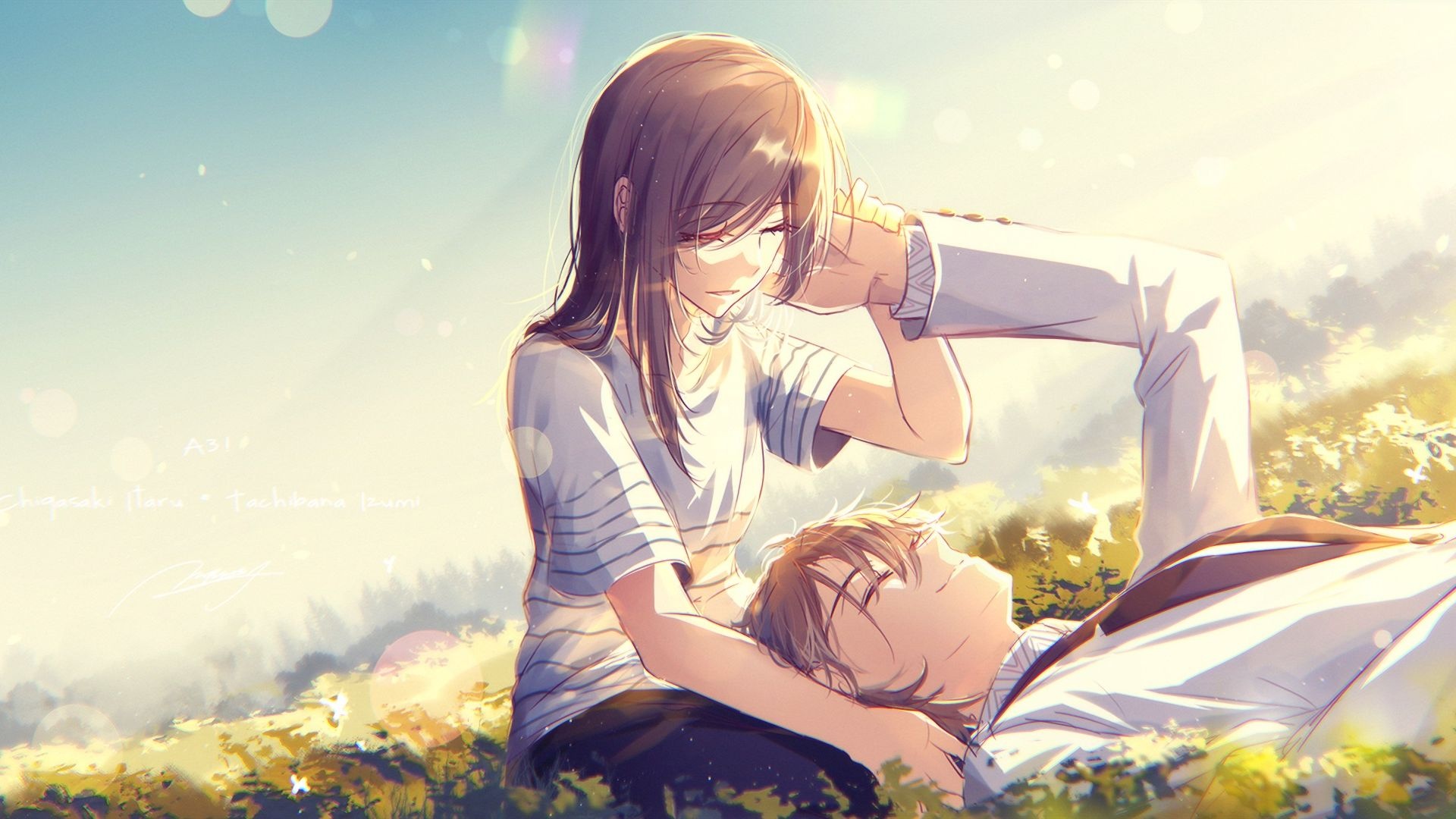 Itaru Chigasaki, Izumi Tachibana, sunlit grassy meadow, Full HD Desktop wallpaper