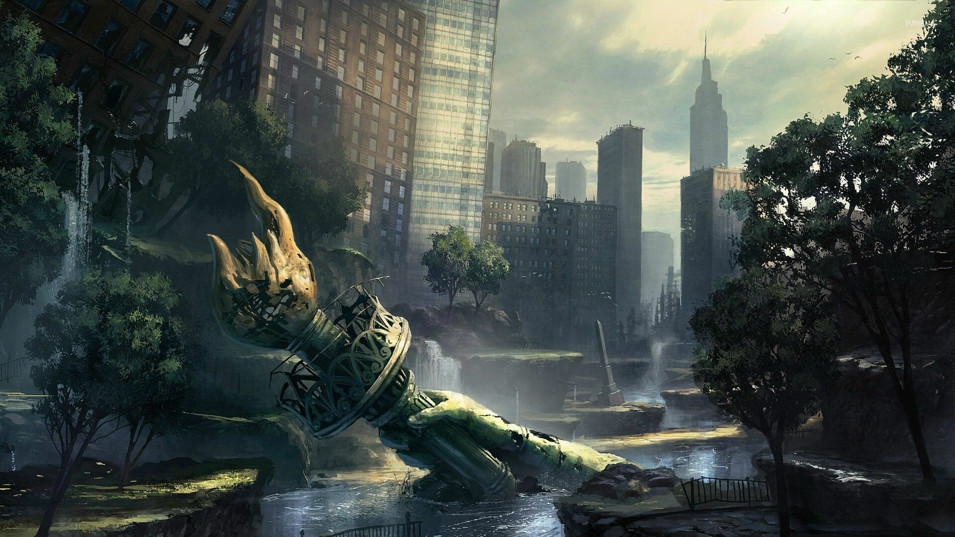 Post-apocalyptic New York, Fantasy cityscape, Urban ruins, Artistic wallpaper, 1920x1080 Full HD Desktop