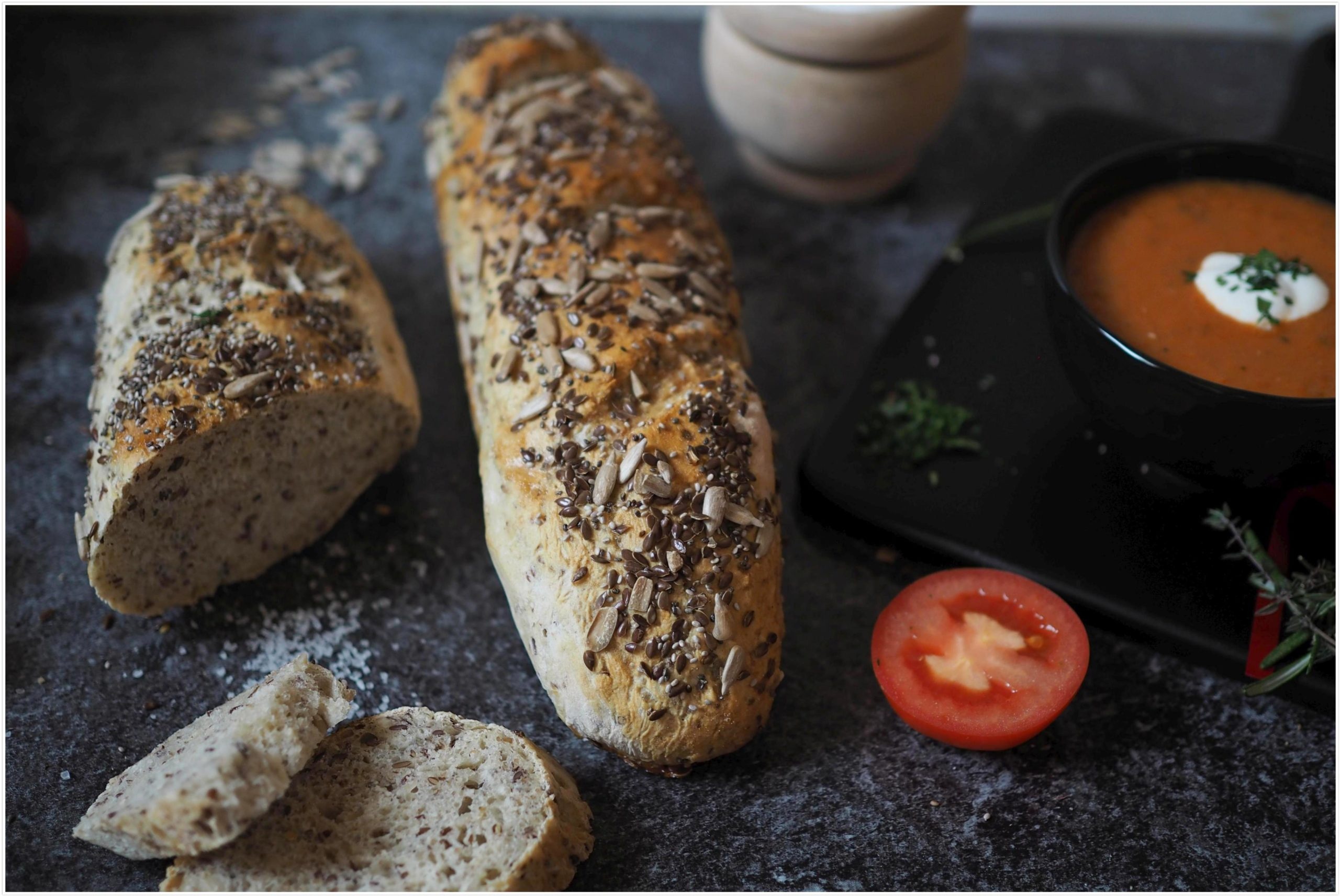 Hearty grain baguette, Roasted tomato soup, Festive combination, Wholesome meal, 2560x1720 HD Desktop