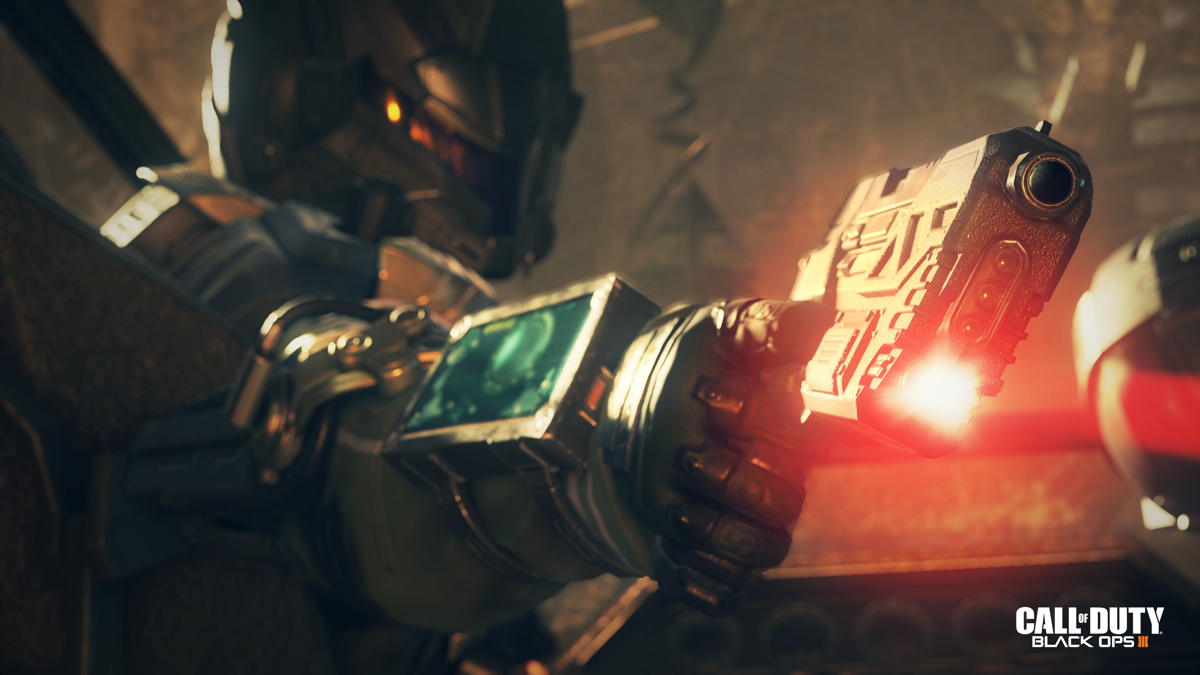 Call of Duty: Black Ops III logo, Cybernetic combat soldier, Glowing laser pistol, 4K Desktop wallpaper
