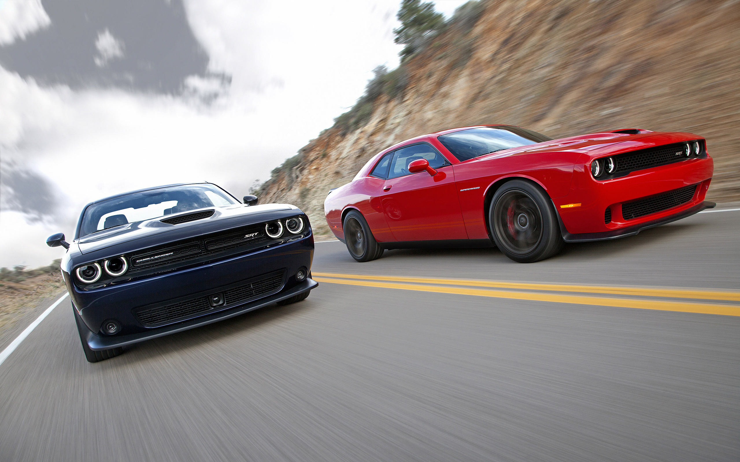 Dodge Challenger SRT Hellcat, black Dodge Challenger SRT, two-lane mountain highway, HD Desktop wallpaper