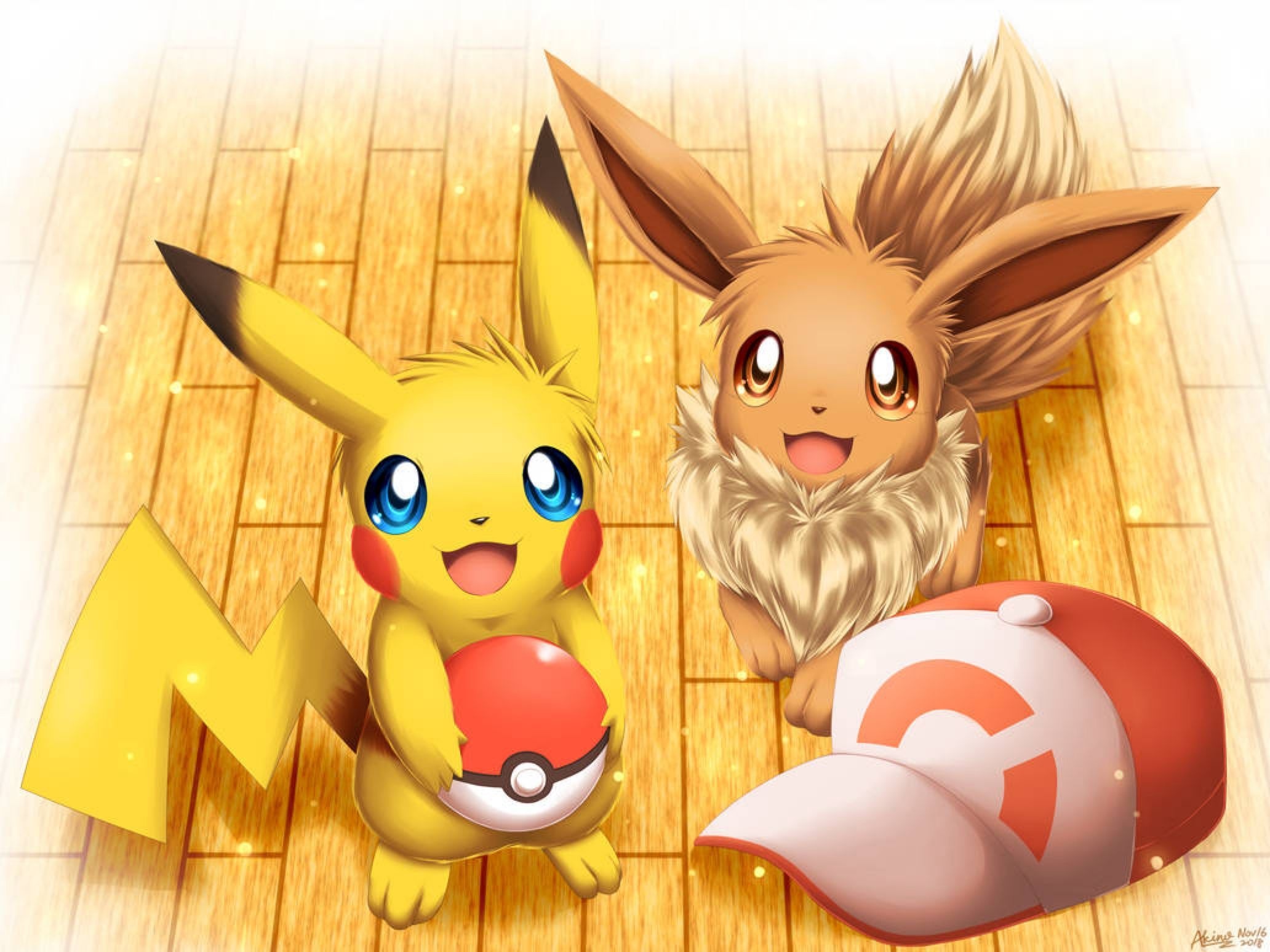 Pikachu, Eevee, Poke Ball, Pokemon trainer cap, HD Desktop wallpaper