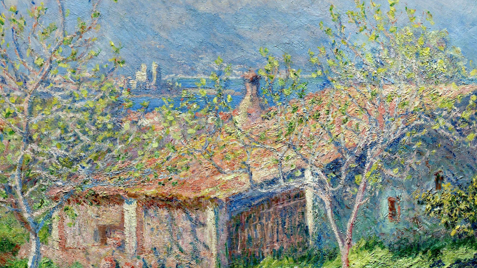 The Gardener's House at Antibes, terracotta tiled roof, blooming spring trees, Full HD Desktop wallpaper
