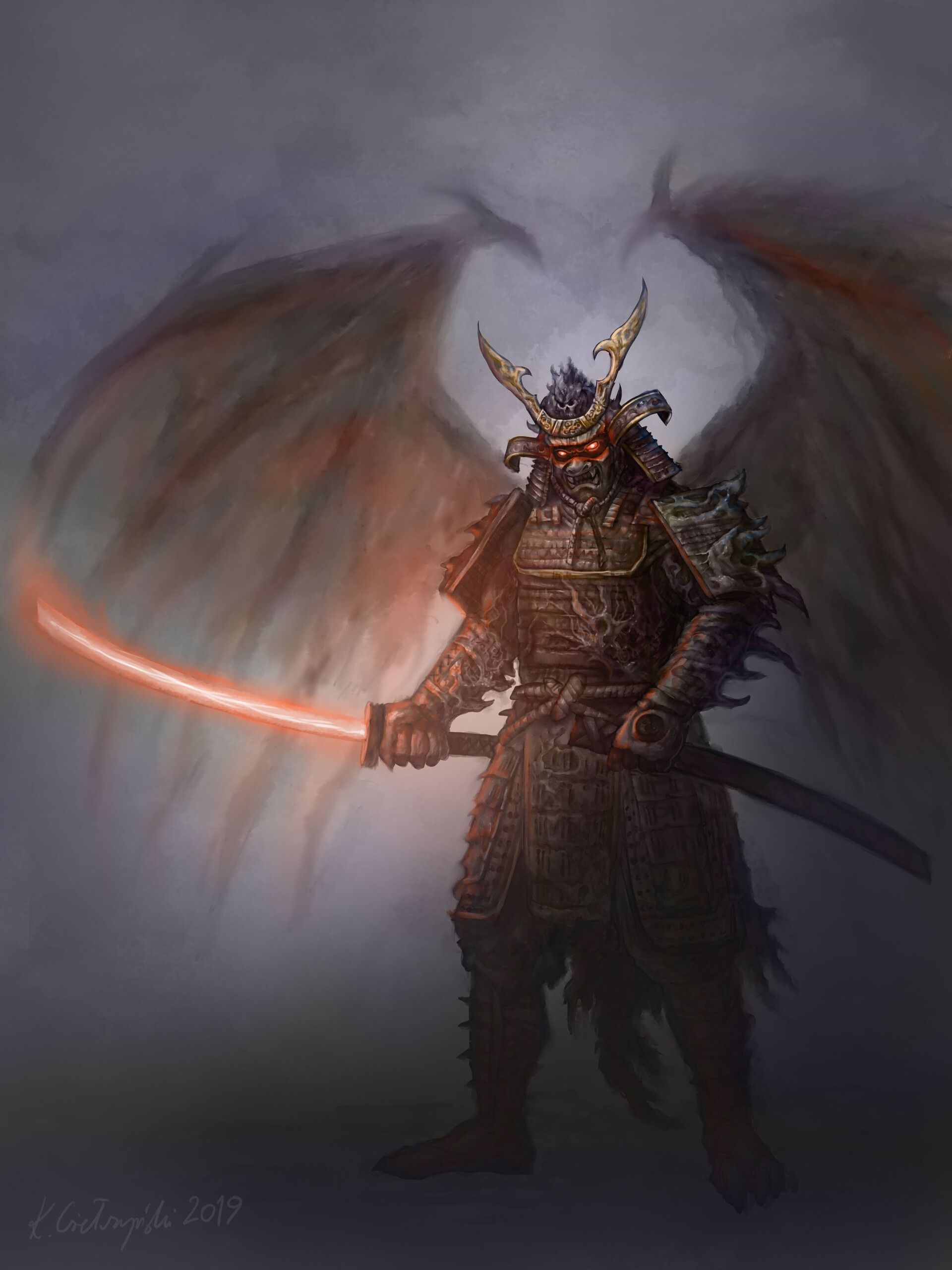 winged demon samurai, glowing red katana, horned kabuto helmet, HD Phone wallpaper