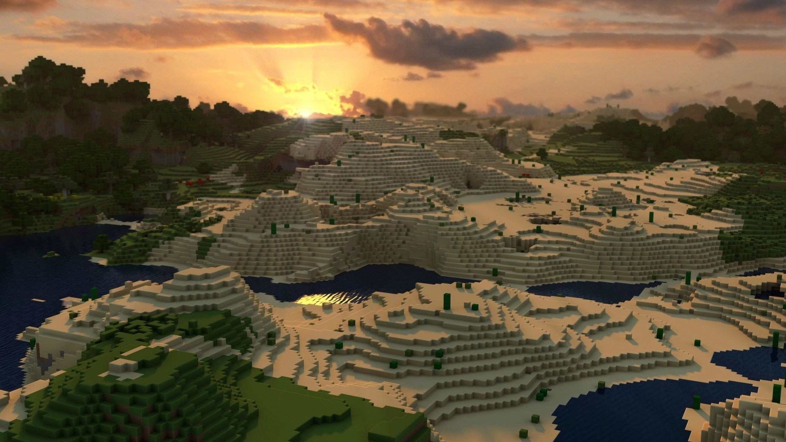 Minecraft desert biome, Minecraft river, sunset crepuscular rays, HD Desktop wallpaper