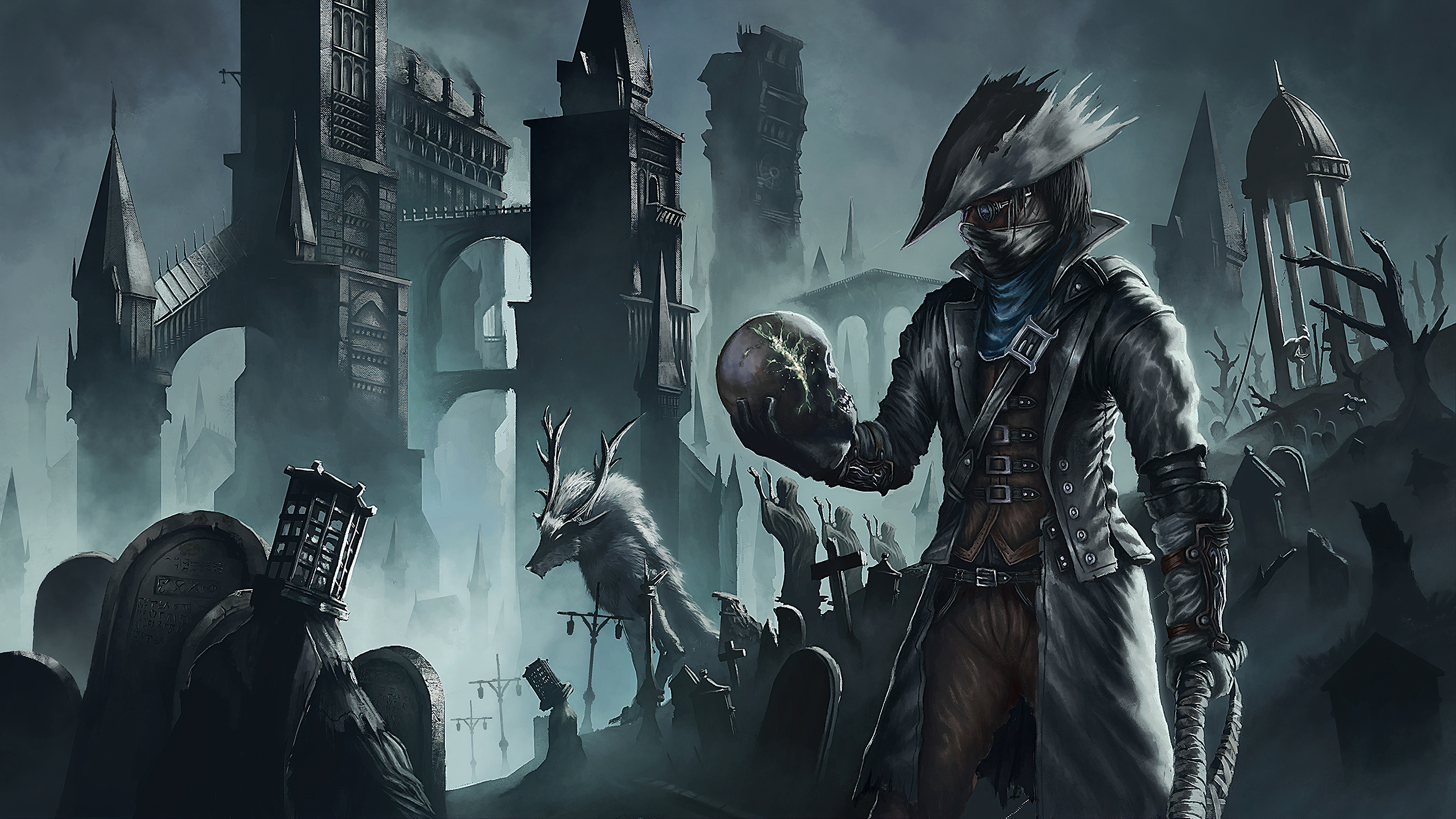 Bloodborne Hunter, Vicar Amelia, Mensis Cage, Yharnam gothic cityscape, 4K Desktop wallpaper