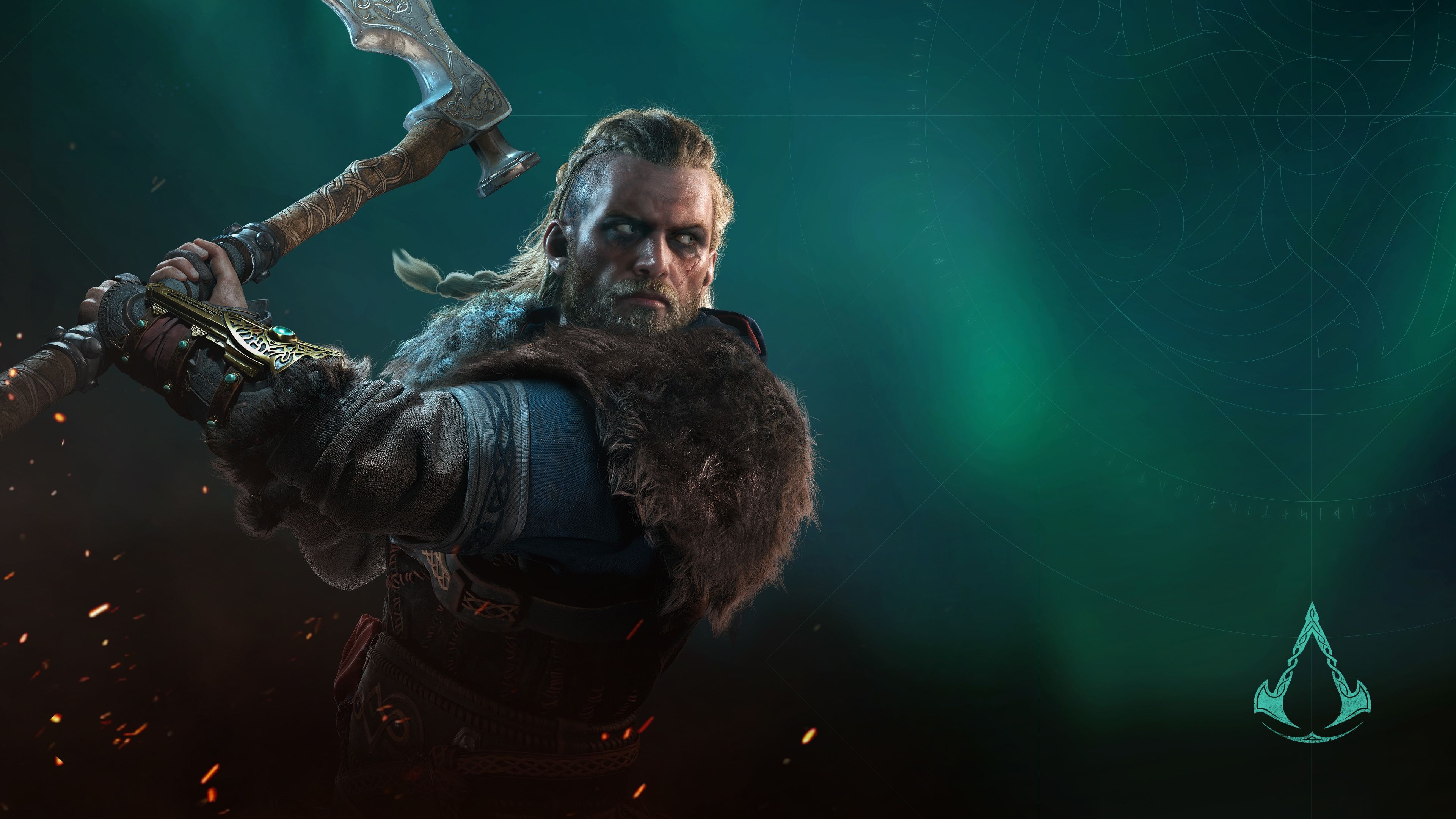 Eivor Varinsdottir, Assassin's Creed Valhalla crest, Engraved Viking battle axe, 4K Desktop wallpaper