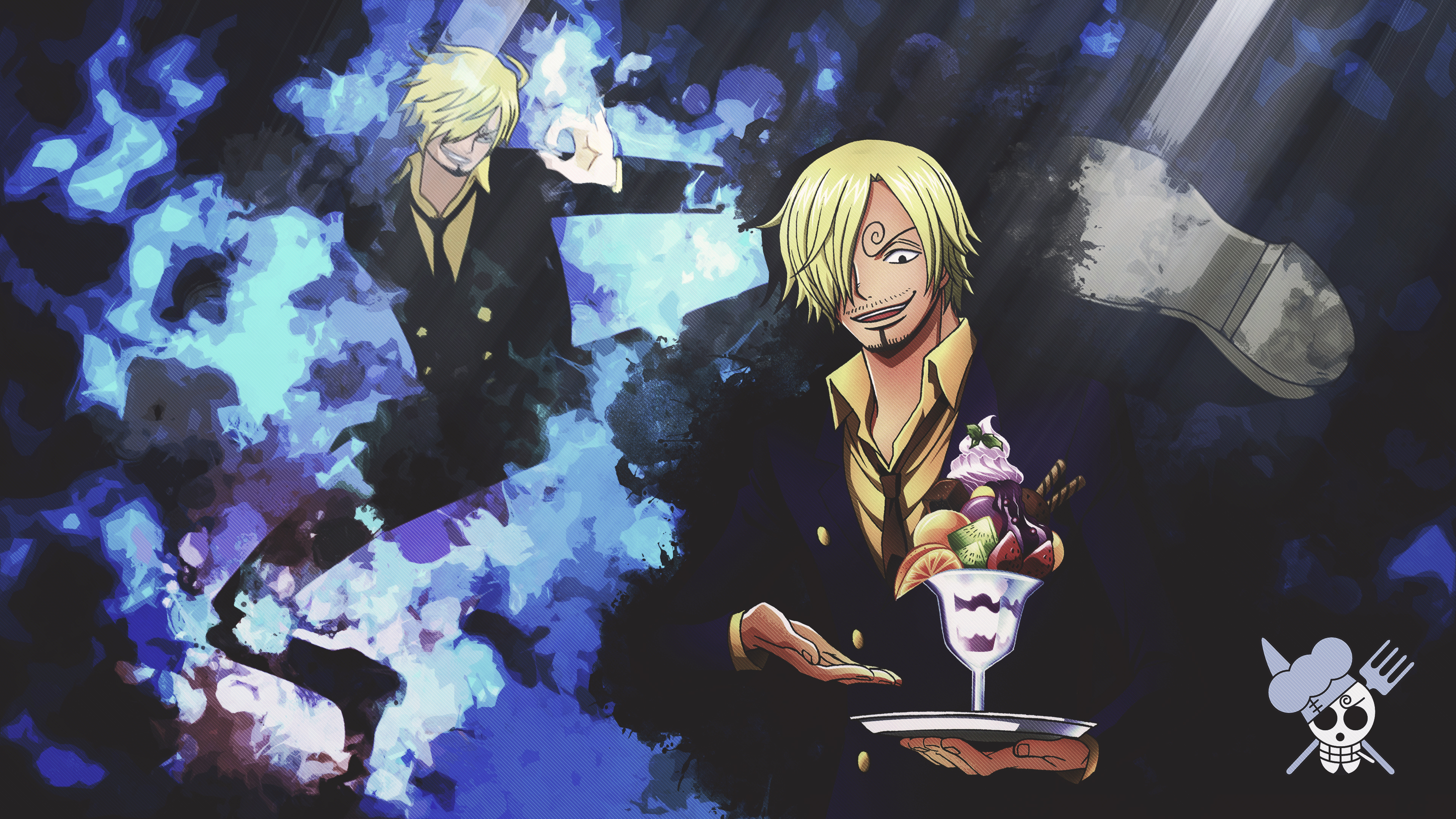 Vinsmoke Sanji, Ifrit Jambe blue fire, fruit sundae parfait, Sanji Jolly Roger emblem, 4K Desktop wallpaper