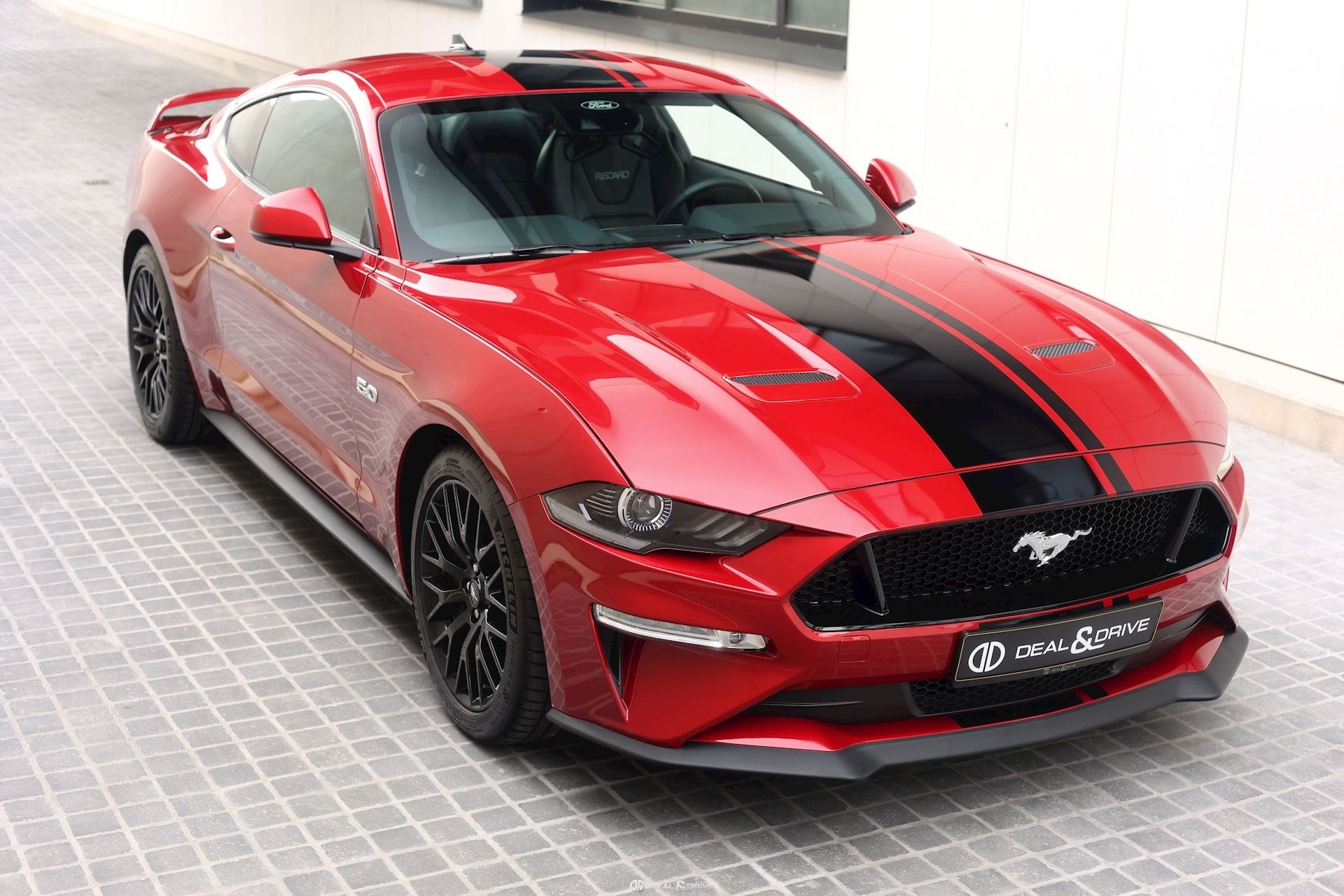 Ford Mustang GT Fastback, Black racing stripes, Paved stone courtyard, HD Desktop wallpaper