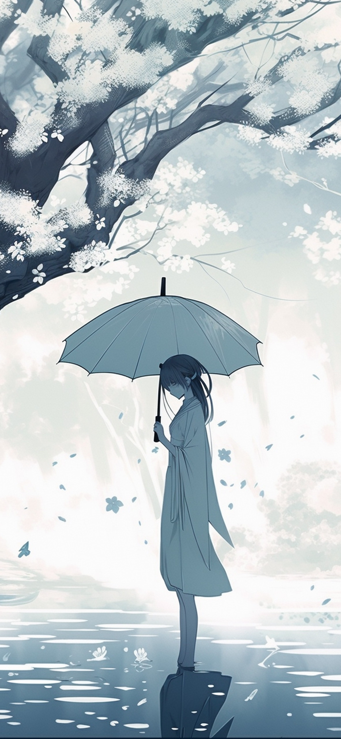 Anime girl, white umbrella, serene scene, delicate art, picturesque, 1190x2560 HD Phone