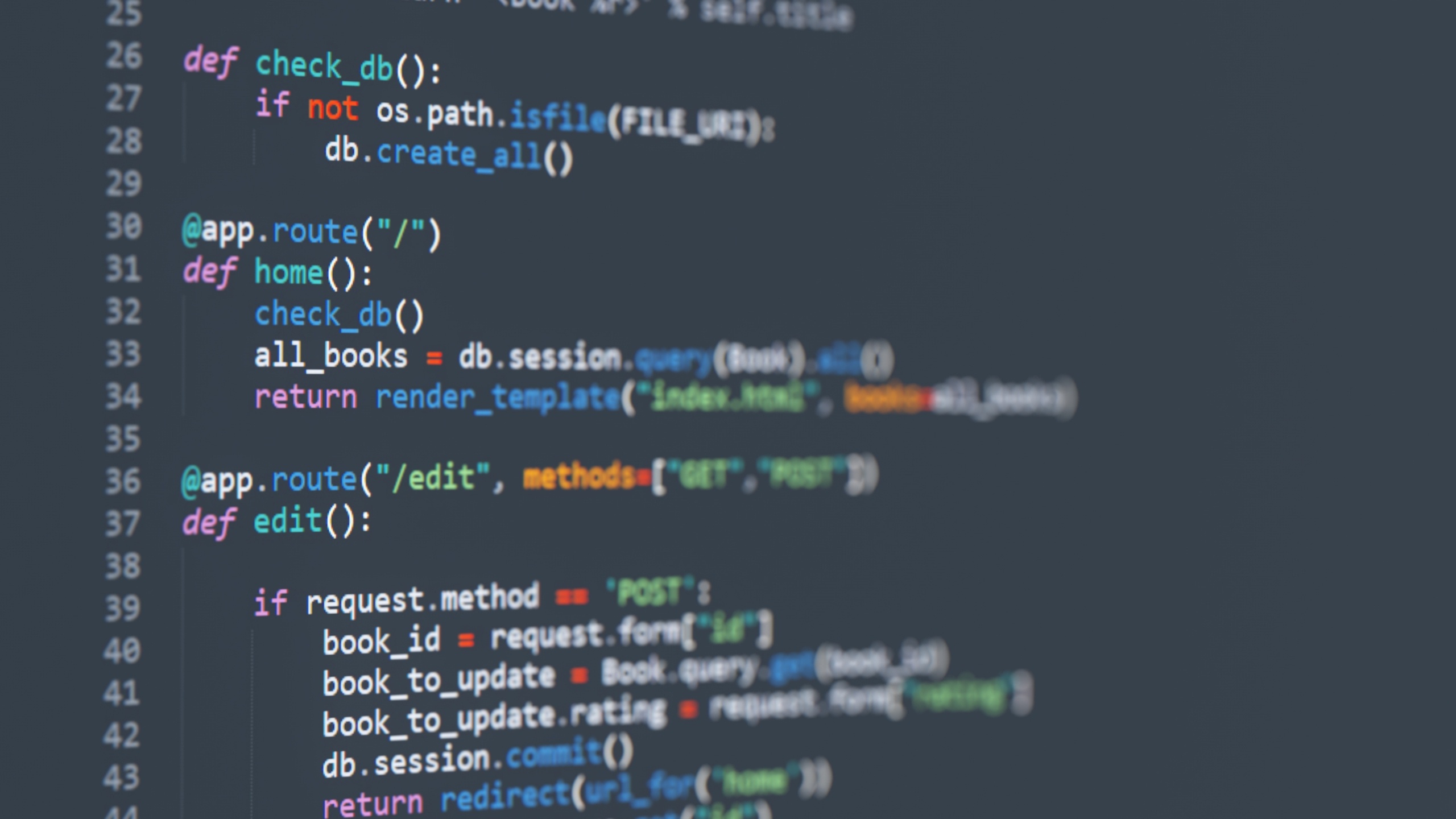 Python Flask source code, @app.route decorator, dark mode code editor, HD Desktop wallpaper