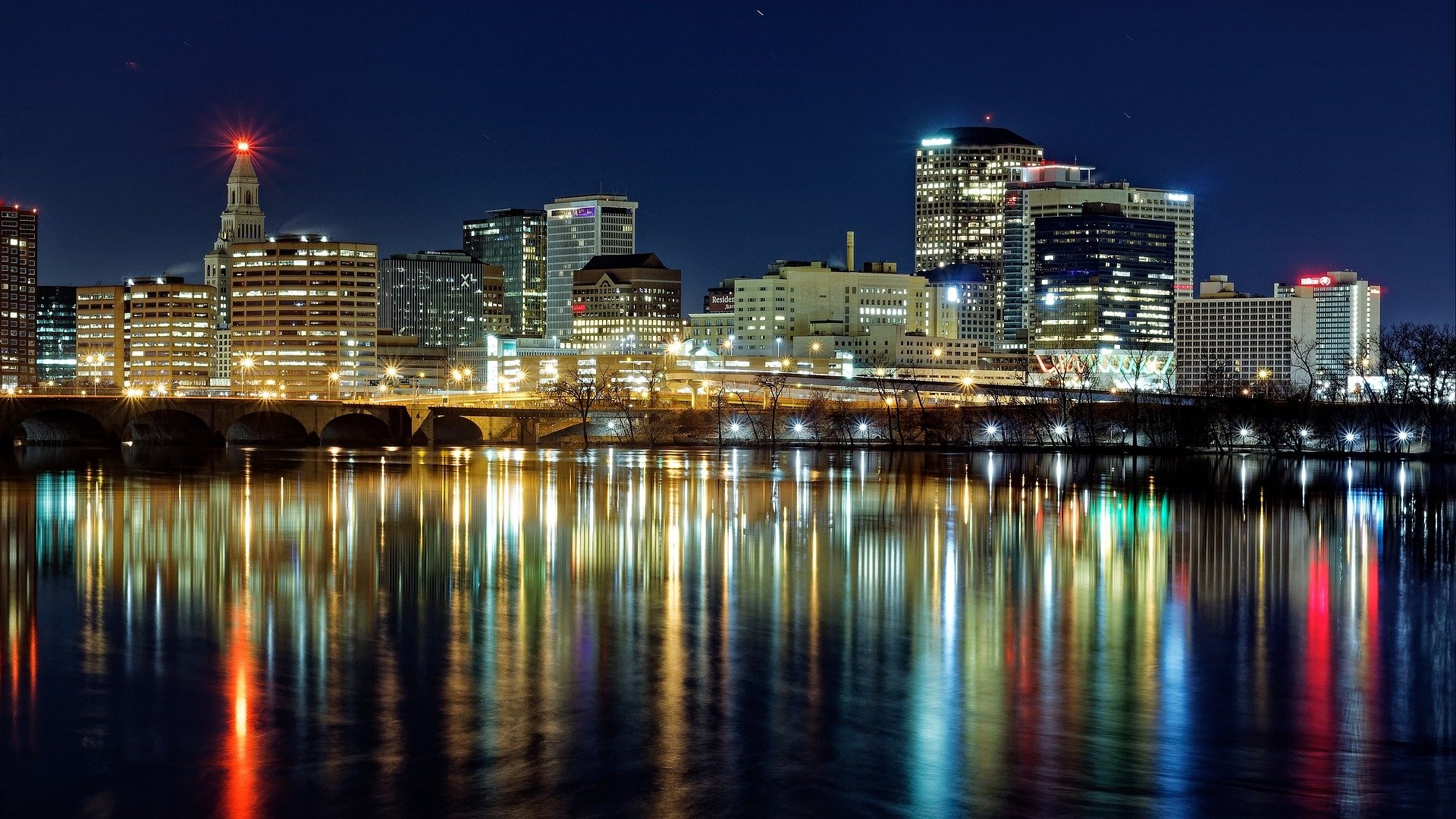 Hartford skyline, Night view, City lights, Connecticut cityscape, 1920x1080 Full HD Desktop