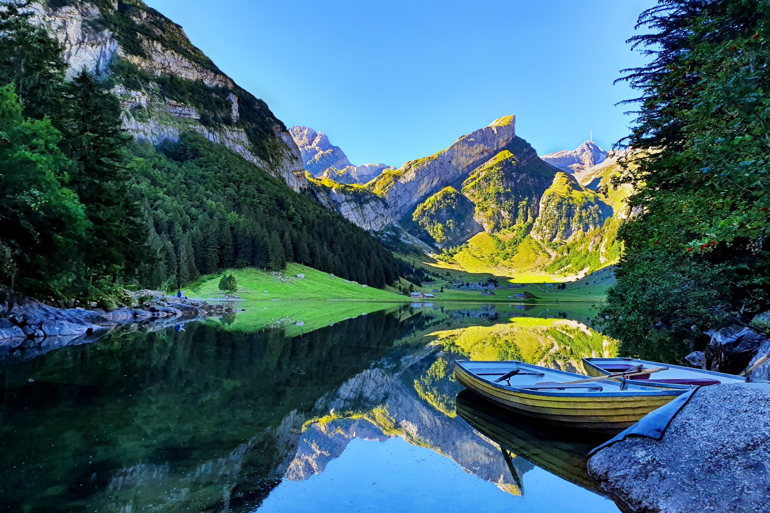 Seealpsee lake, Alpstein mountain range, Moored wooden rowboat, HD Desktop wallpaper