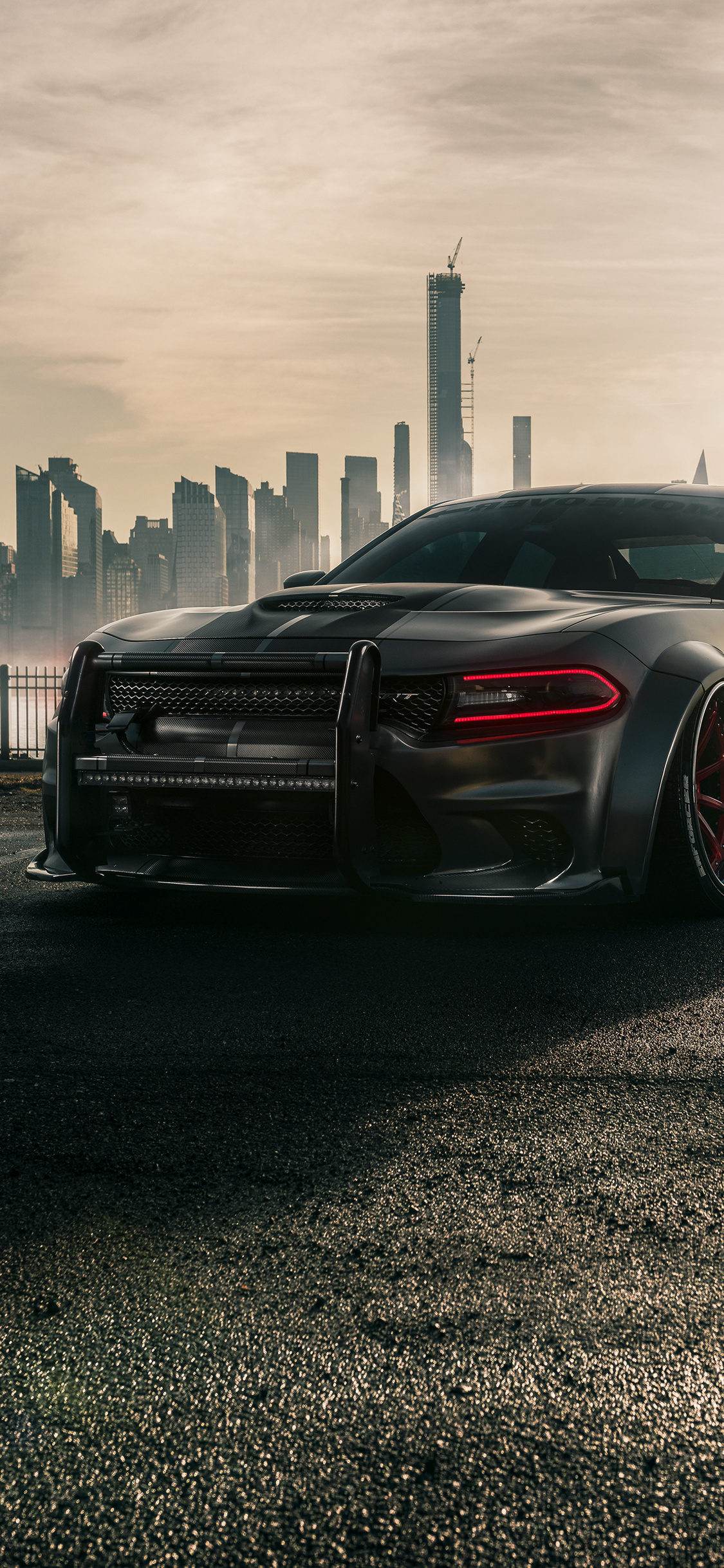 Dodge Charger SRT Hellcat, Manhattan skyline, front push bumper, HD Phone wallpaper