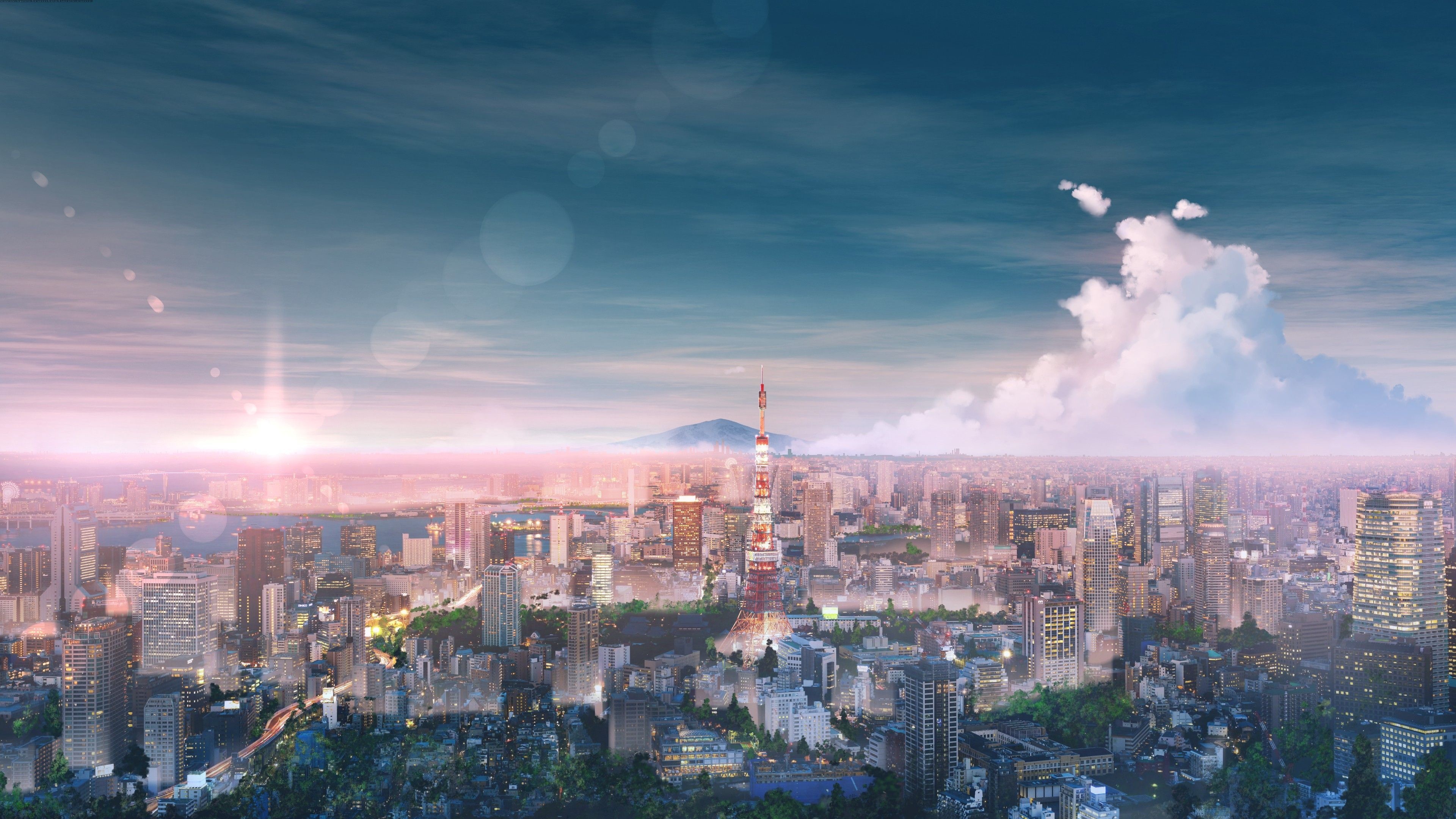 Tokyo Tower, Tokyo anime cityscape, sunset anime sky, 4K Desktop wallpaper