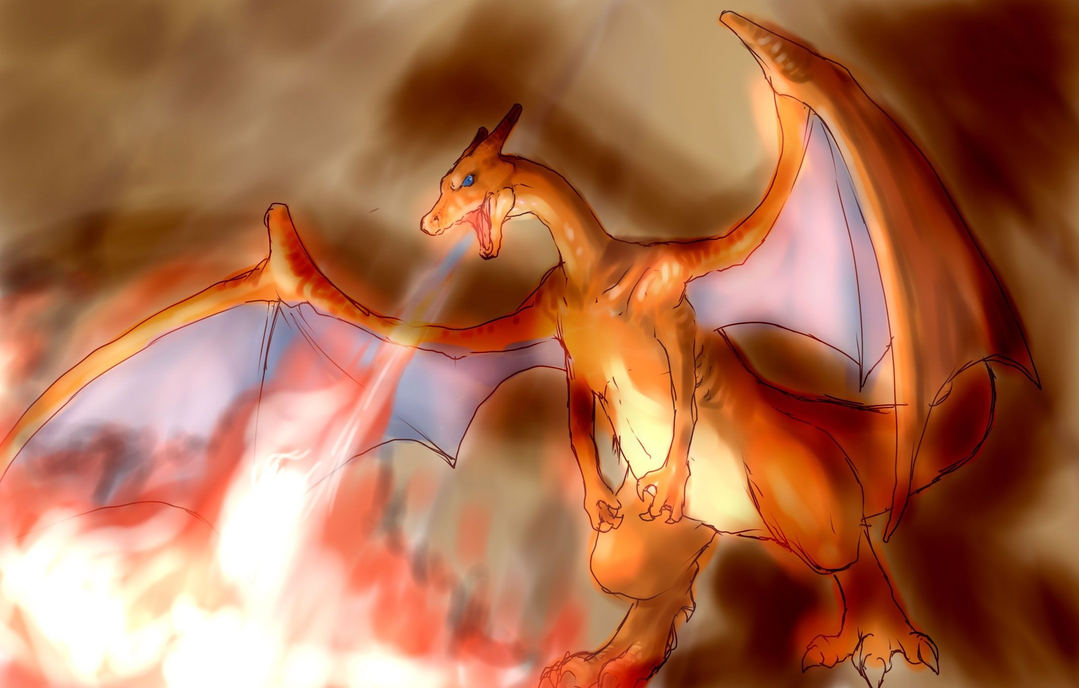 Charizard Pokémon, Flamethrower attack, Fiery anime illustration, HD Desktop wallpaper