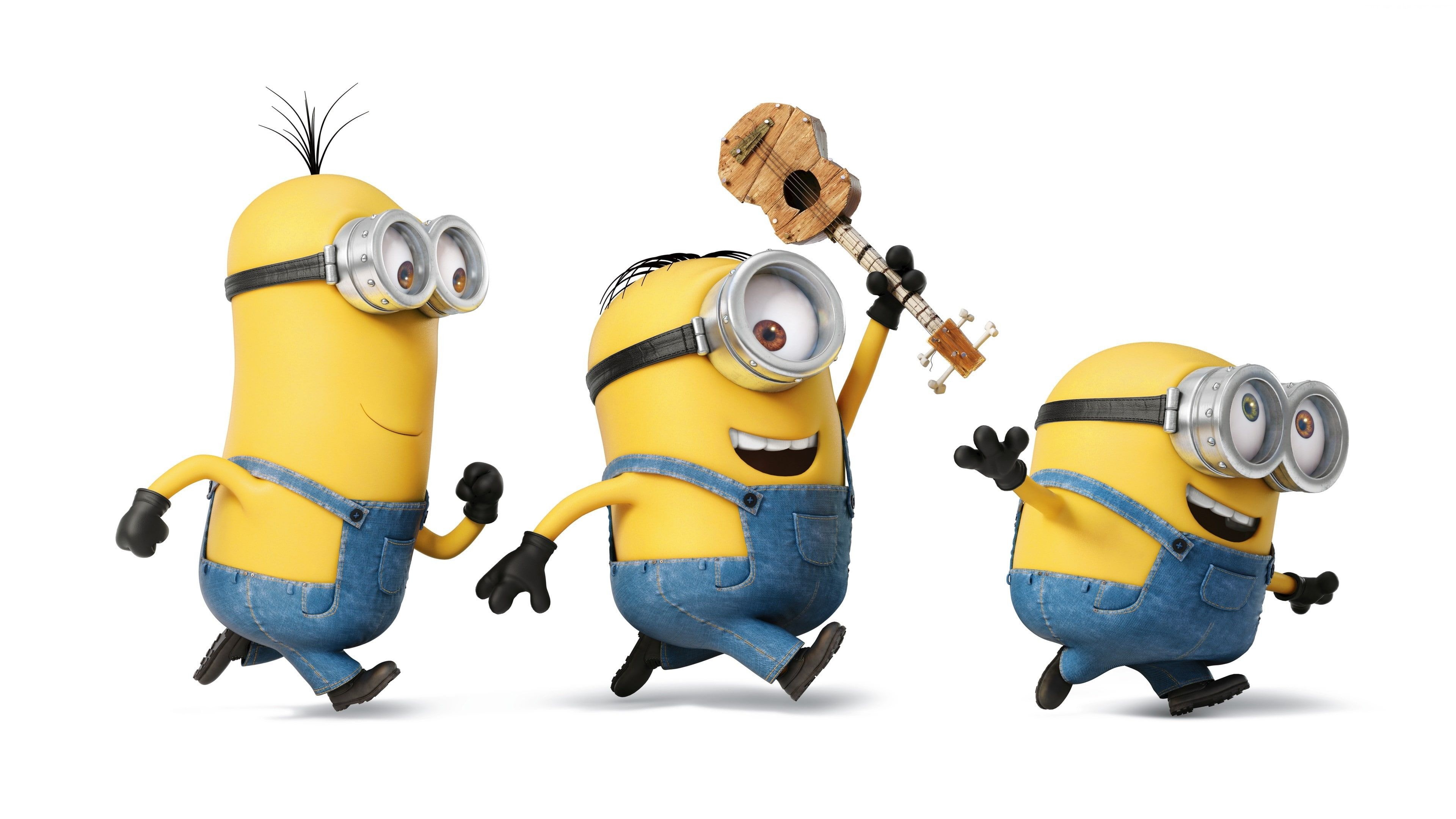 Minion Bob, Minion Stuart, Minion Kevin, small wooden ukulele, 4K Desktop wallpaper