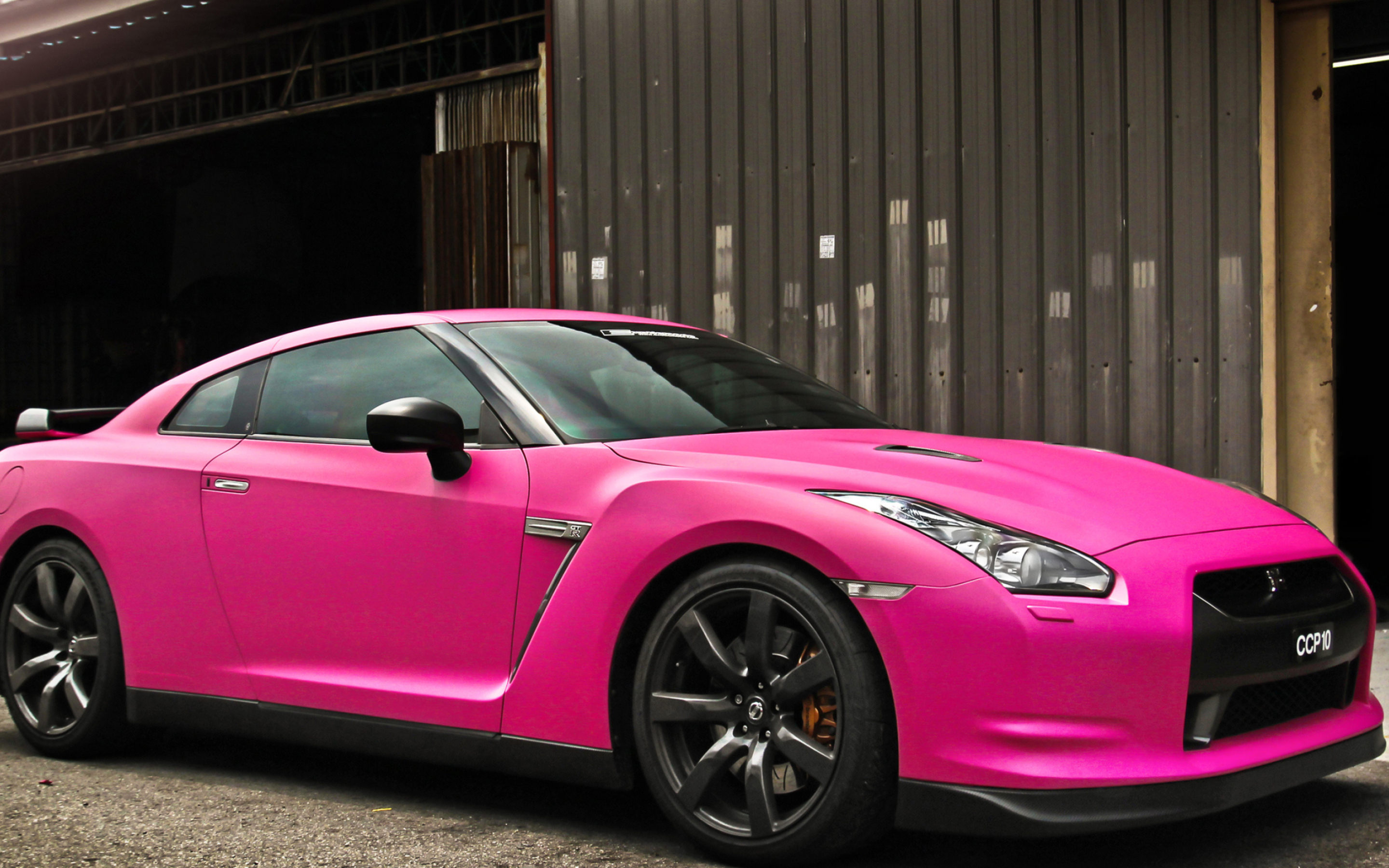 Nissan GT-R R35, matte hot pink wrap, corrugated metal warehouse, HD Desktop wallpaper