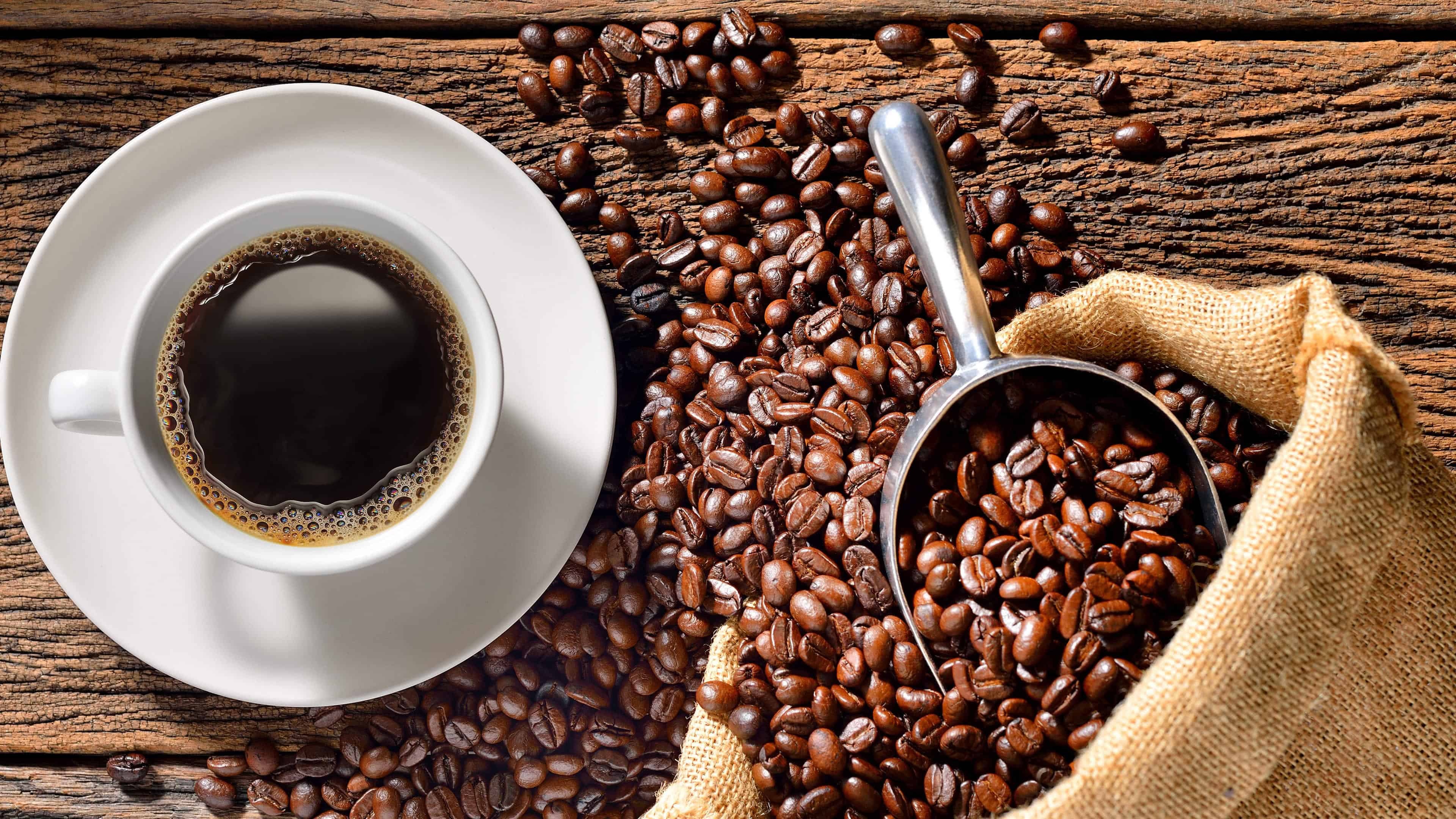 Cup of coffee, Roasted beans wood, Table UHD 4K, Wallpaper, 3840x2160 4K Desktop