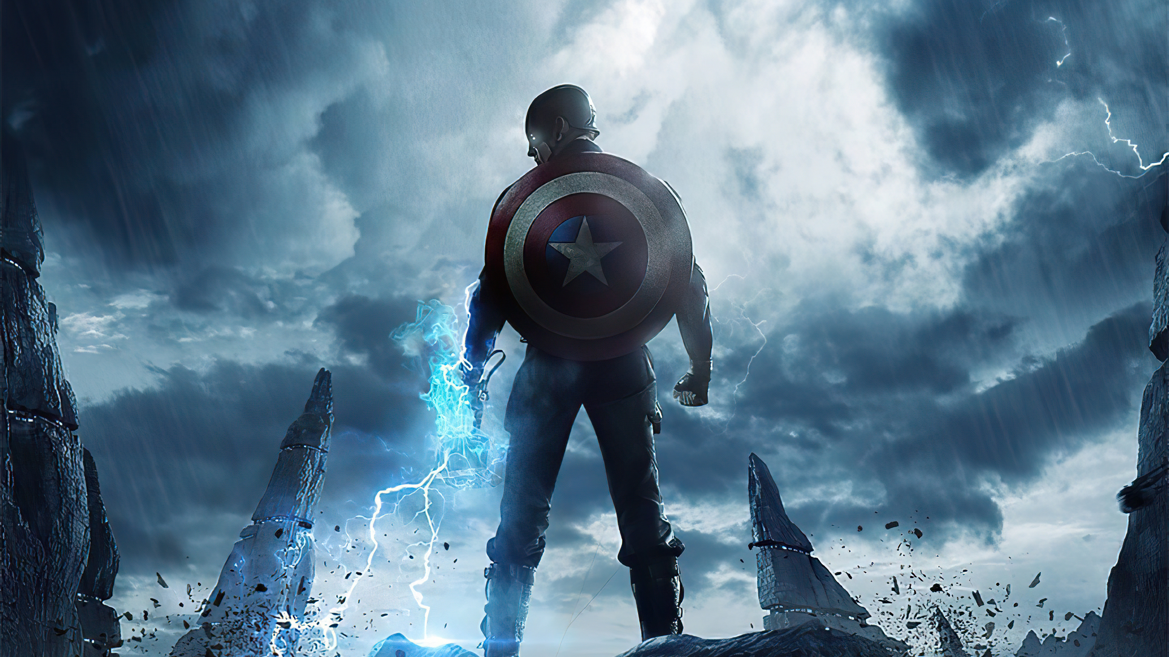 Captain America, Captain America vibranium shield, lightning-charged Mjolnir, 4K Desktop wallpaper