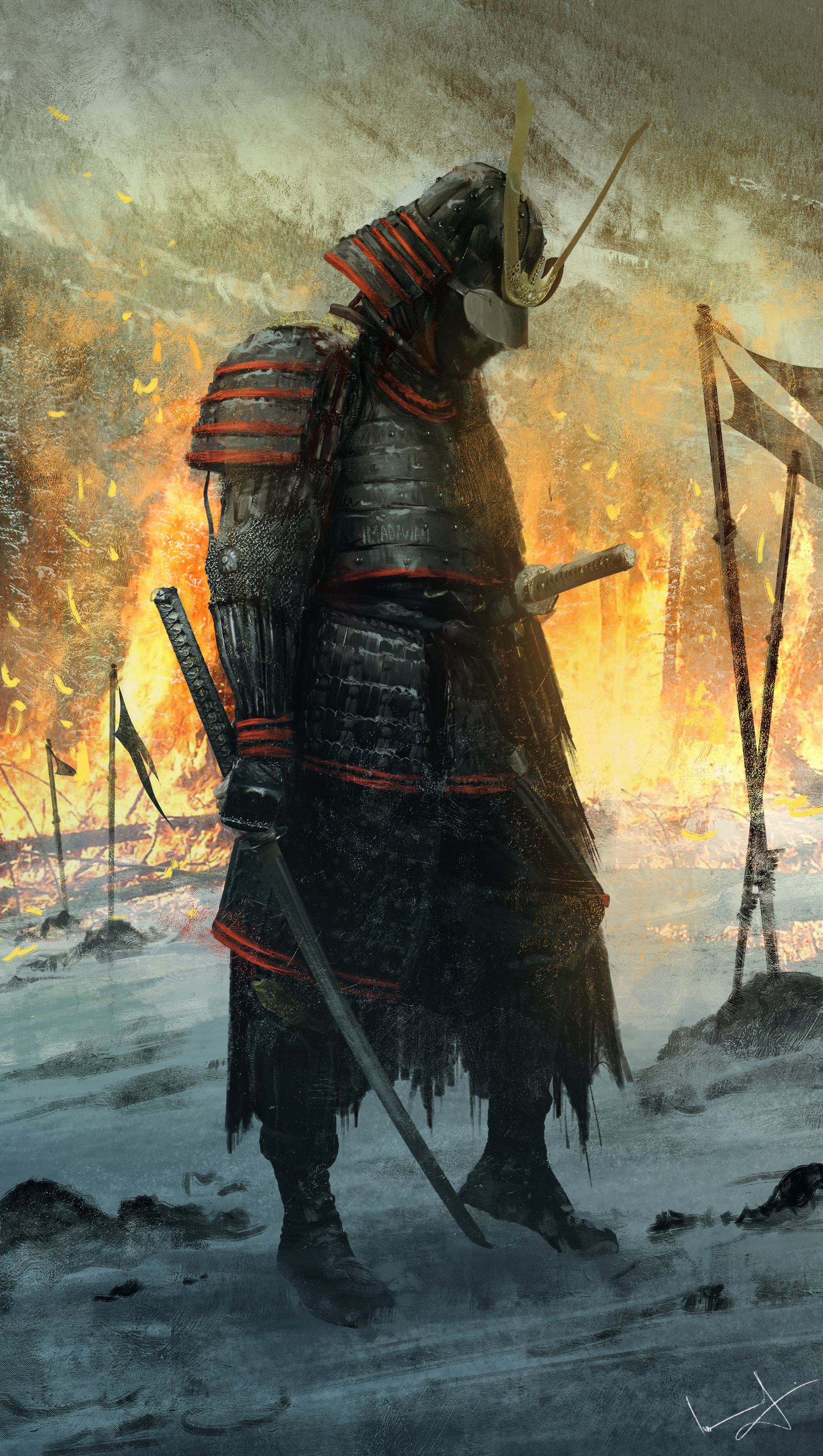 black samurai kabuto armor, drawn katana blade, raging battlefield fire, HD Phone wallpaper