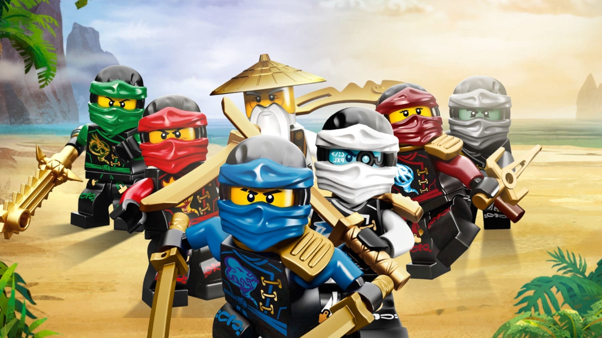 Master Wu with straw hat, Lloyd in green gi, Jay with golden katana, Zane with silver visor, Ninjago ninja team, Full HD Desktop wallpaper