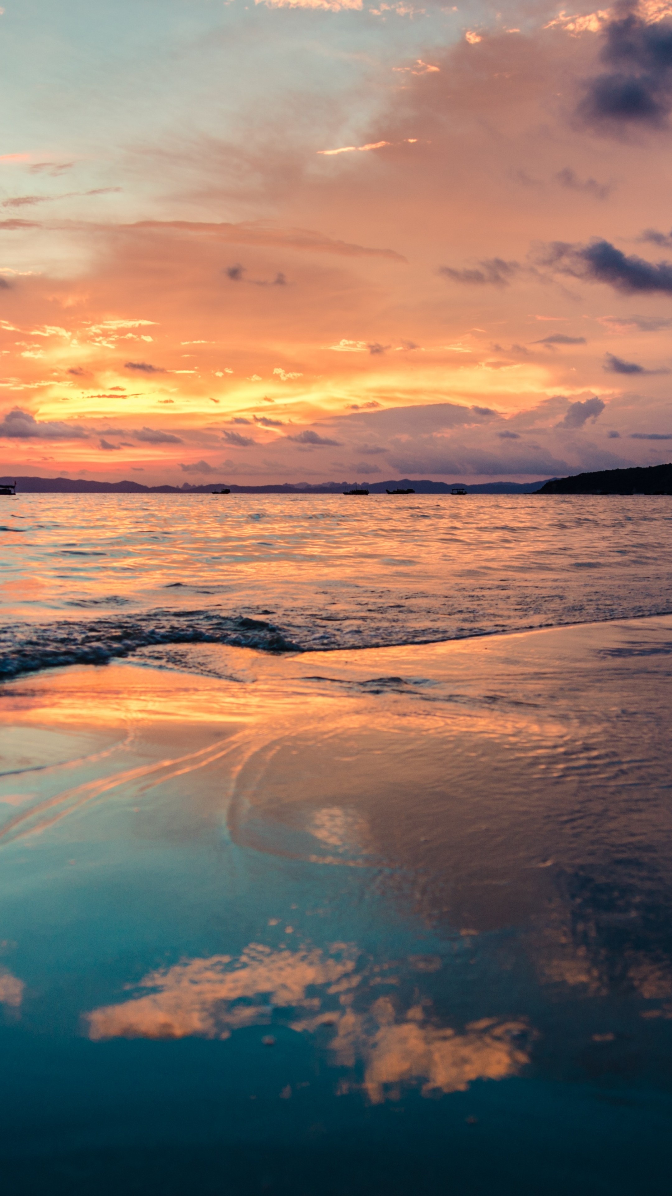 reflective beach shoreline, sunset ocean horizon, orange twilight sky, 4K Phone wallpaper