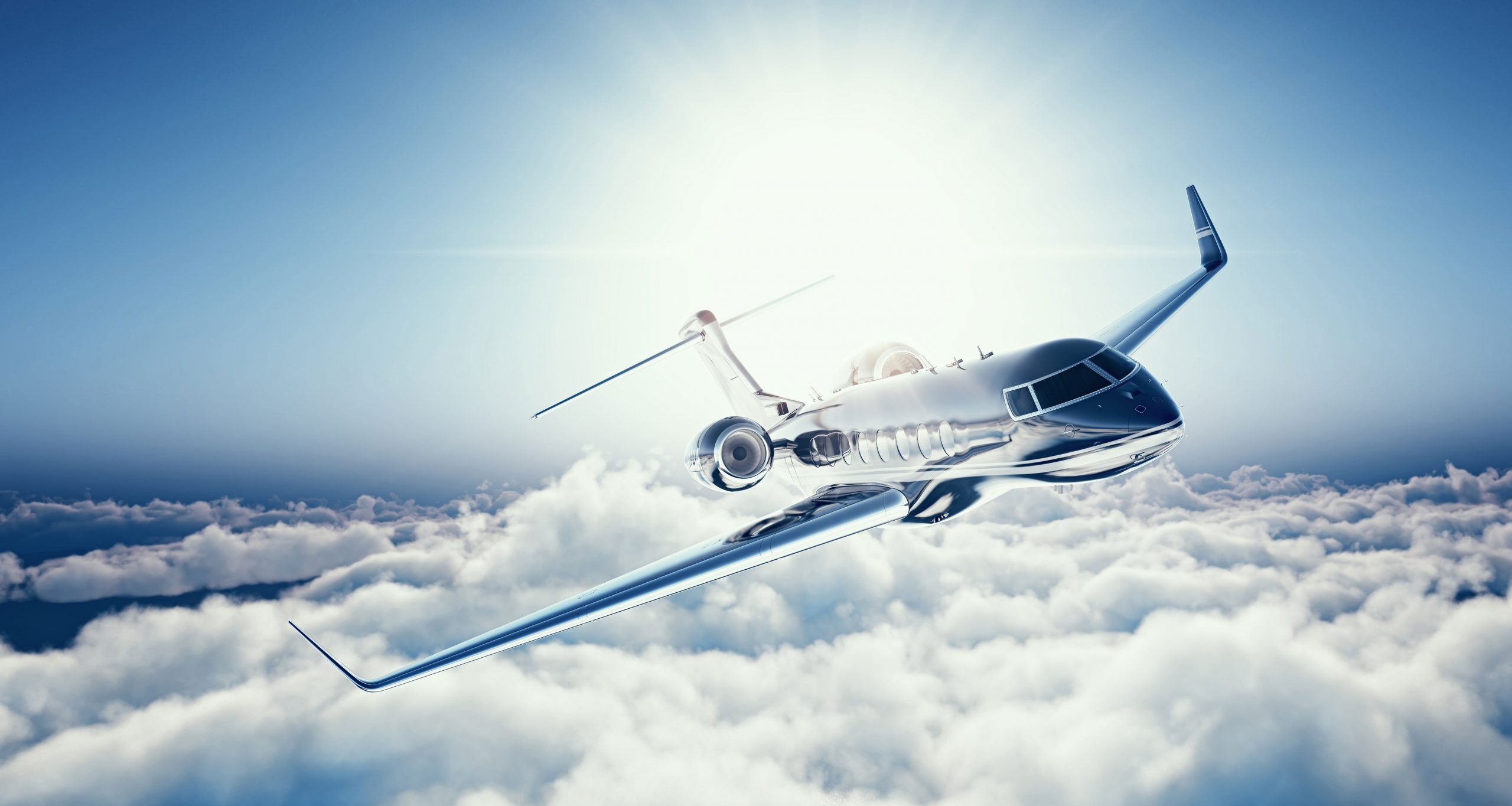 Silver business jet, Fluffy cumulus cloudscape, Sunlit blue sky, HD Desktop wallpaper