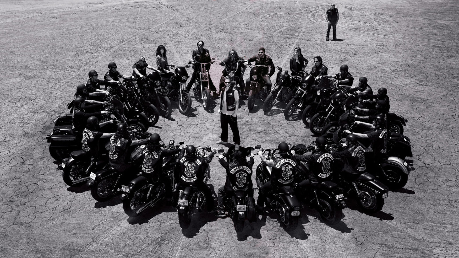 Jax Teller, Sons of Anarchy motorcycle club, Harley-Davidson cruiser motorcycles, Cracked desert lake bed, Full HD Desktop wallpaper
