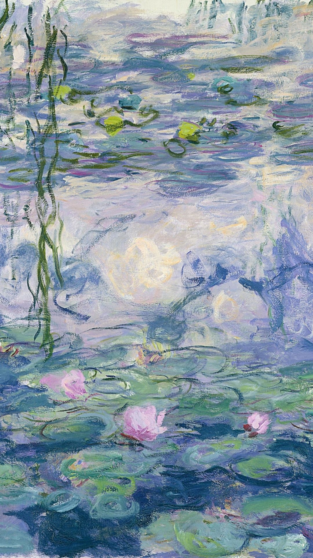 Claude Monet Water Lilies, pink water lily blossoms, weeping willow pond reflection, Full HD Phone wallpaper
