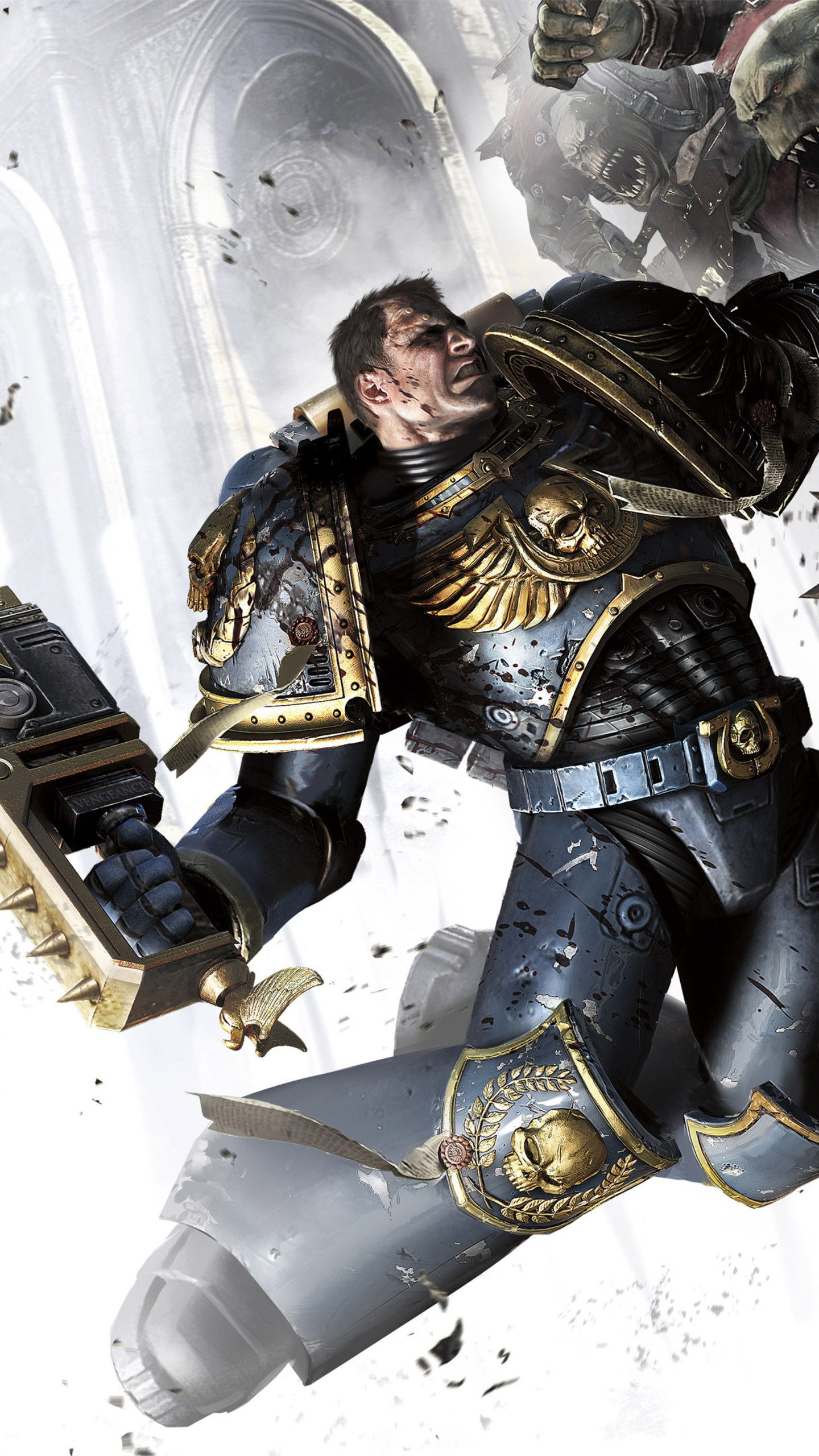 Captain Demetrian Titus, Ultramarines Power Armour, Attacking Ork Boy, HD Phone wallpaper