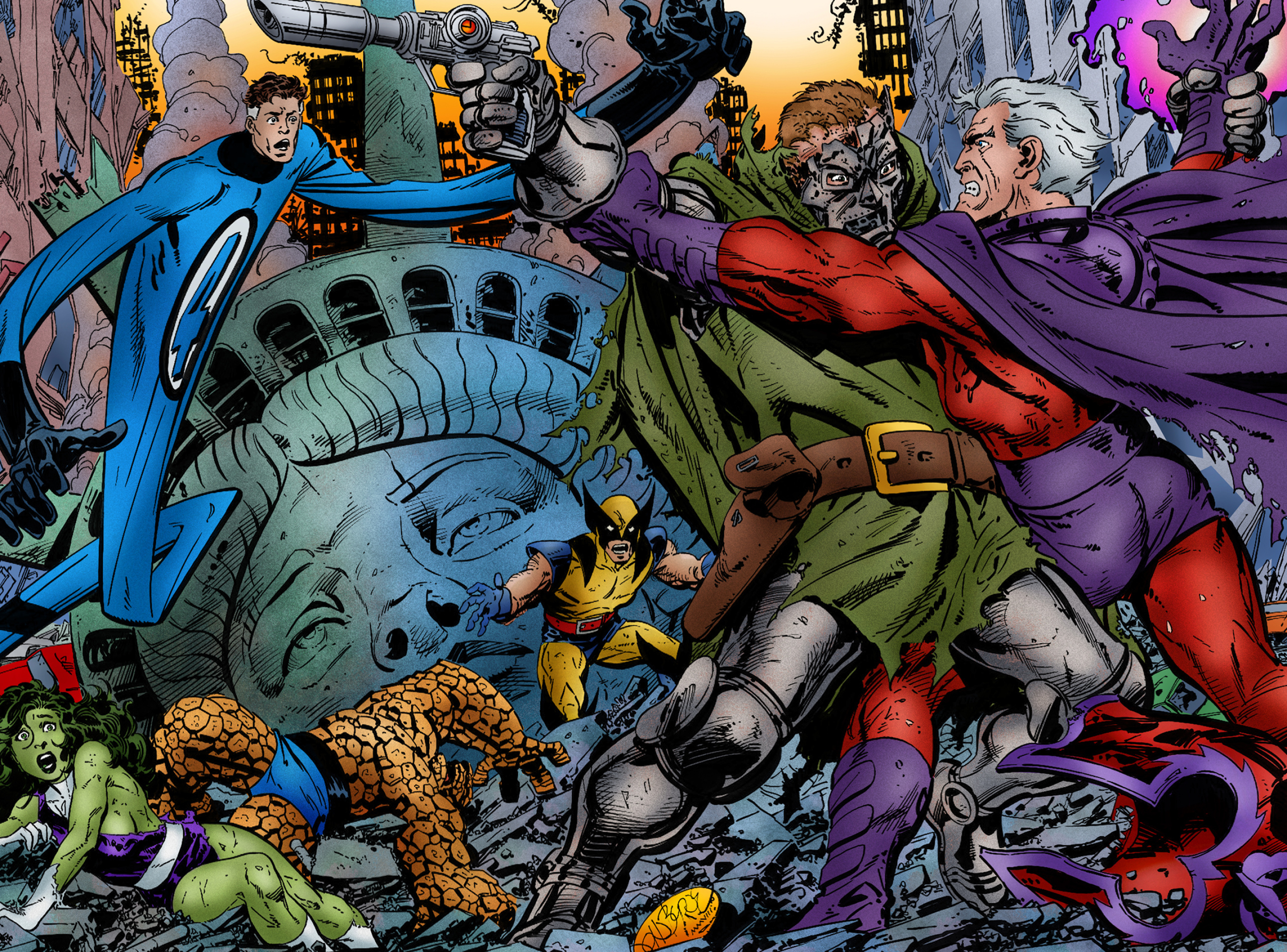Magneto and Doctor Doom, Mister Fantastic aiming blaster, Wolverine, Defeated Thing and She-Hulk, Fallen Statue of Liberty, HD Desktop wallpaper