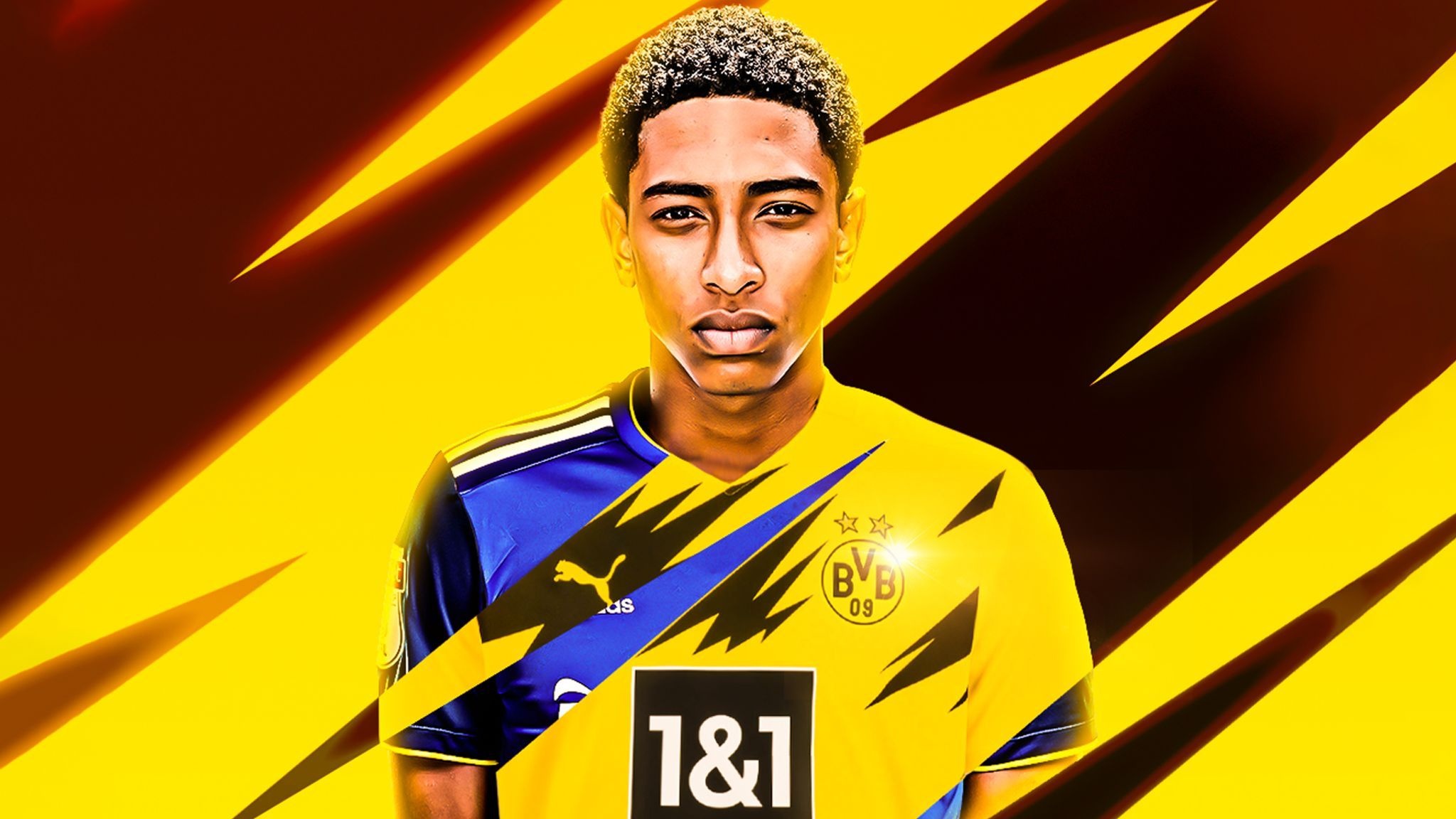 Jude Bellingham portrait, Borussia Dortmund kit, Yellow and black abstract graphics, HD Desktop wallpaper